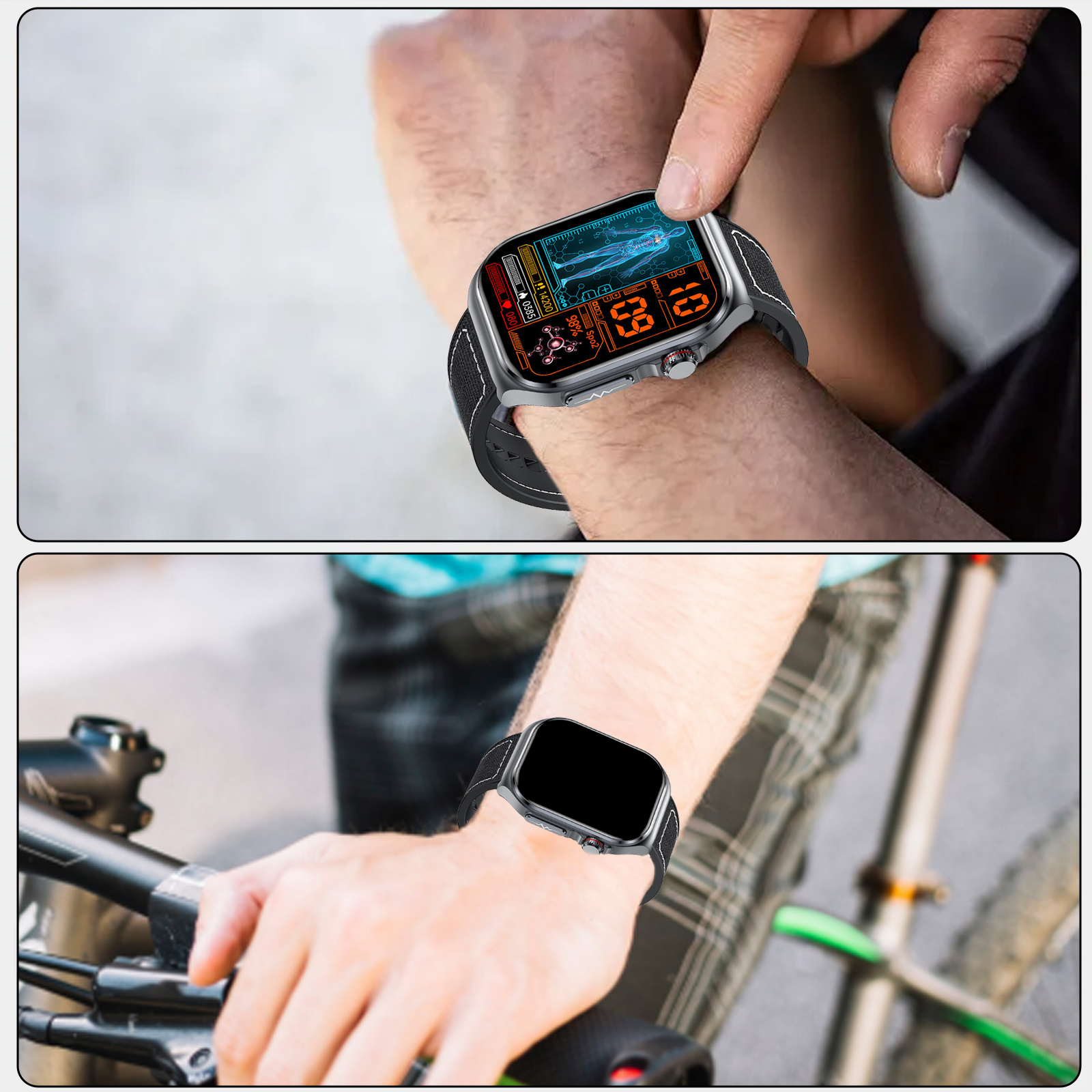 Mann mit Smartwatch und schwarzem Armband, der Gesundheitsdaten auf einem Fahrrad misst.