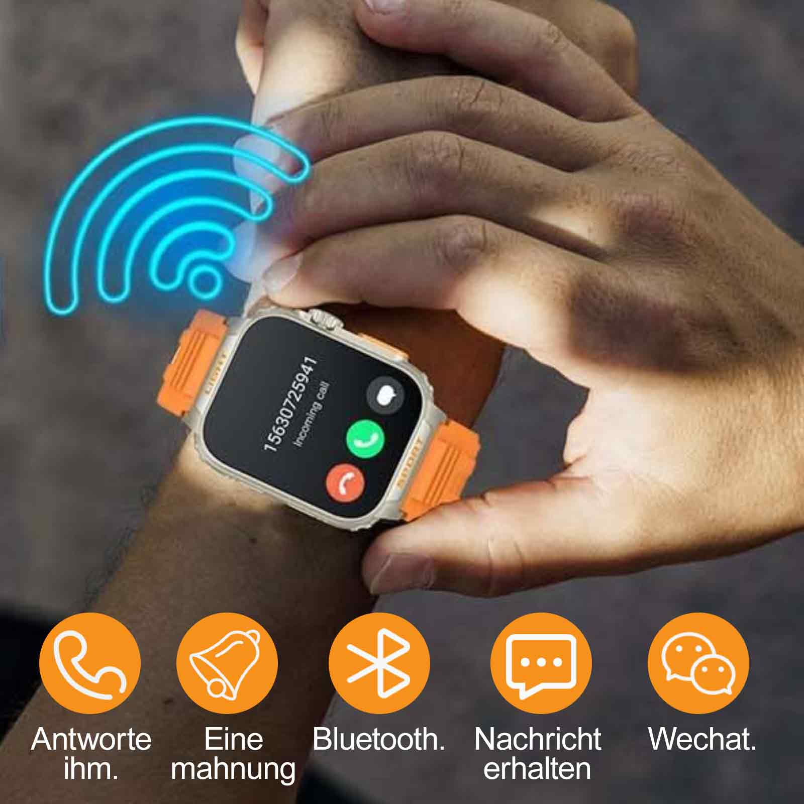Person trägt eine Smartwatch mit eingehender Anruf-Oberfläche und Verbindungssymbolen.