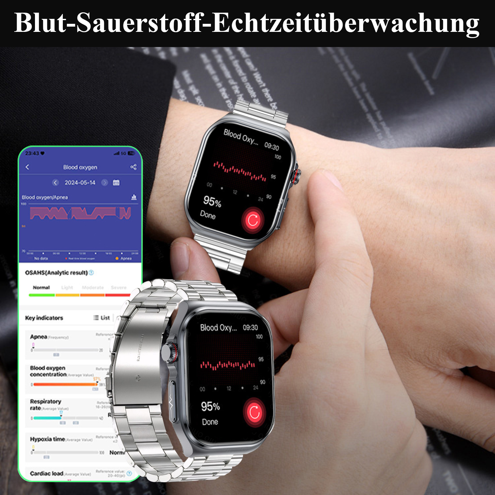 Smartwatch und Telefon zeigen den Blutsauerstoffgehalt an. Uhr am Metallarmband.