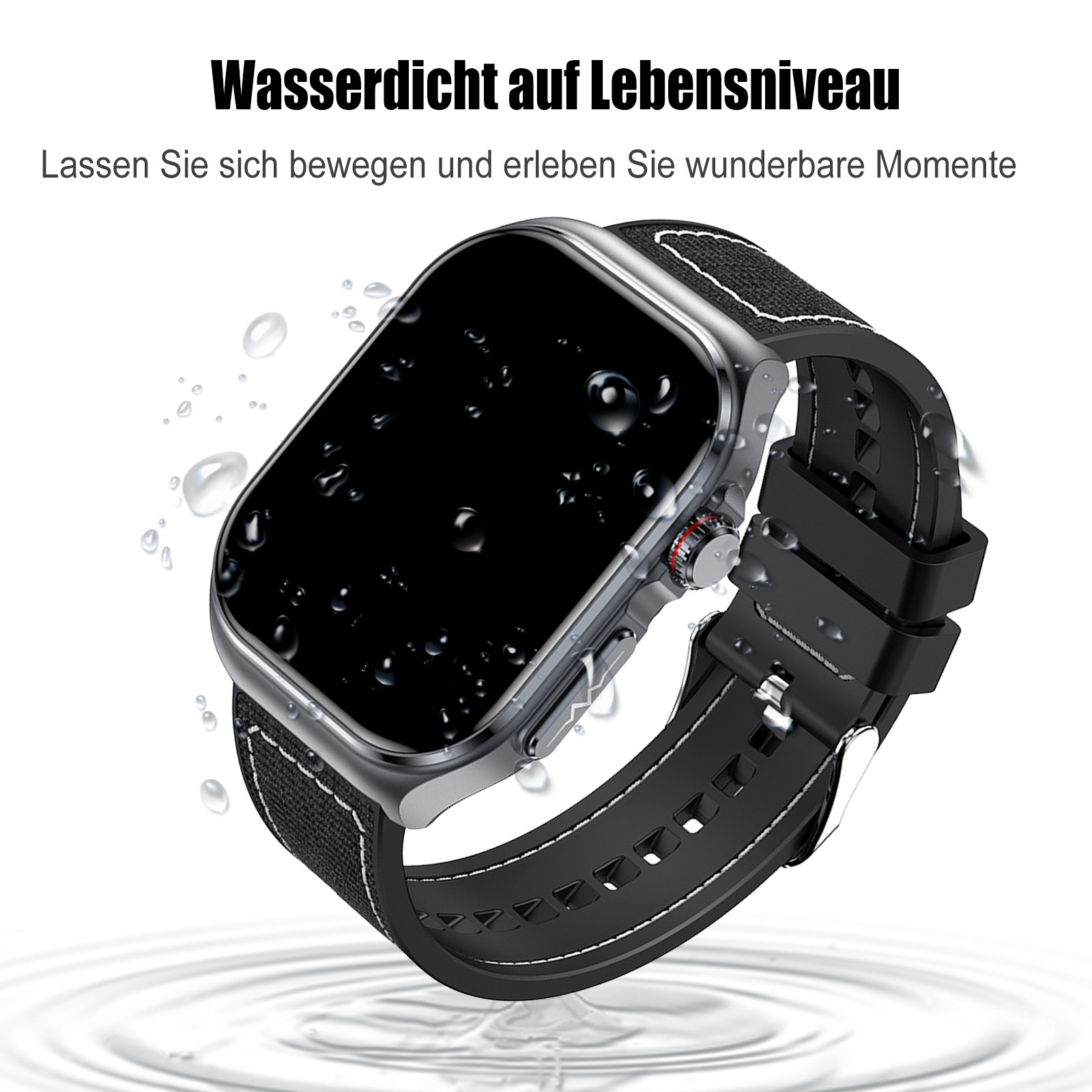Eine Smartwatch mit schwarzem Bildschirm, auf dem Wassertropfen zu sehen sind. Die Uhr ist schwarz und silber.