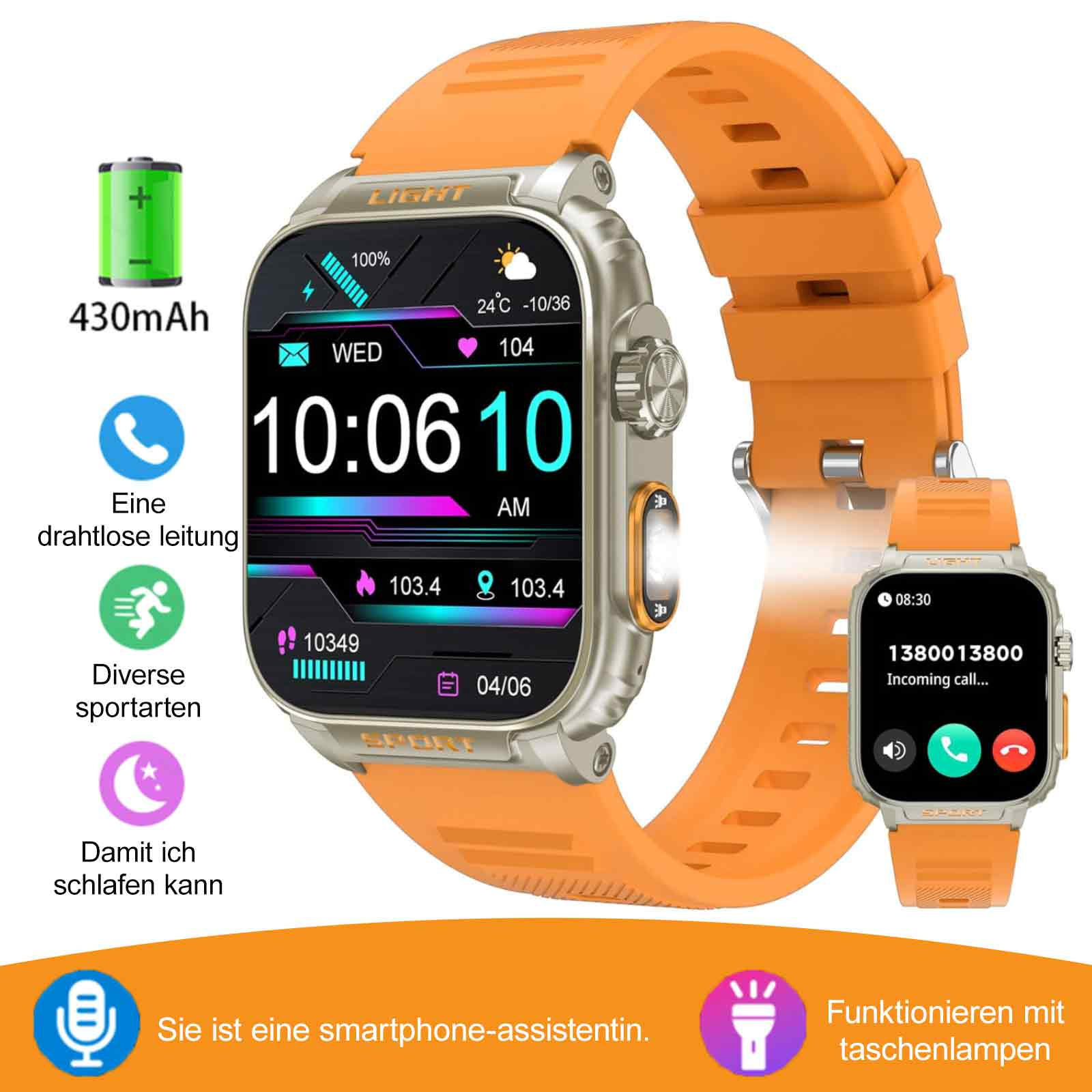 Eine Smartwatch mit orangefarbenem Armband. Der Bildschirm zeigt Gesundheitsdaten und eingehende Anrufe. Zusätzliche Symbole sind sichtbar.