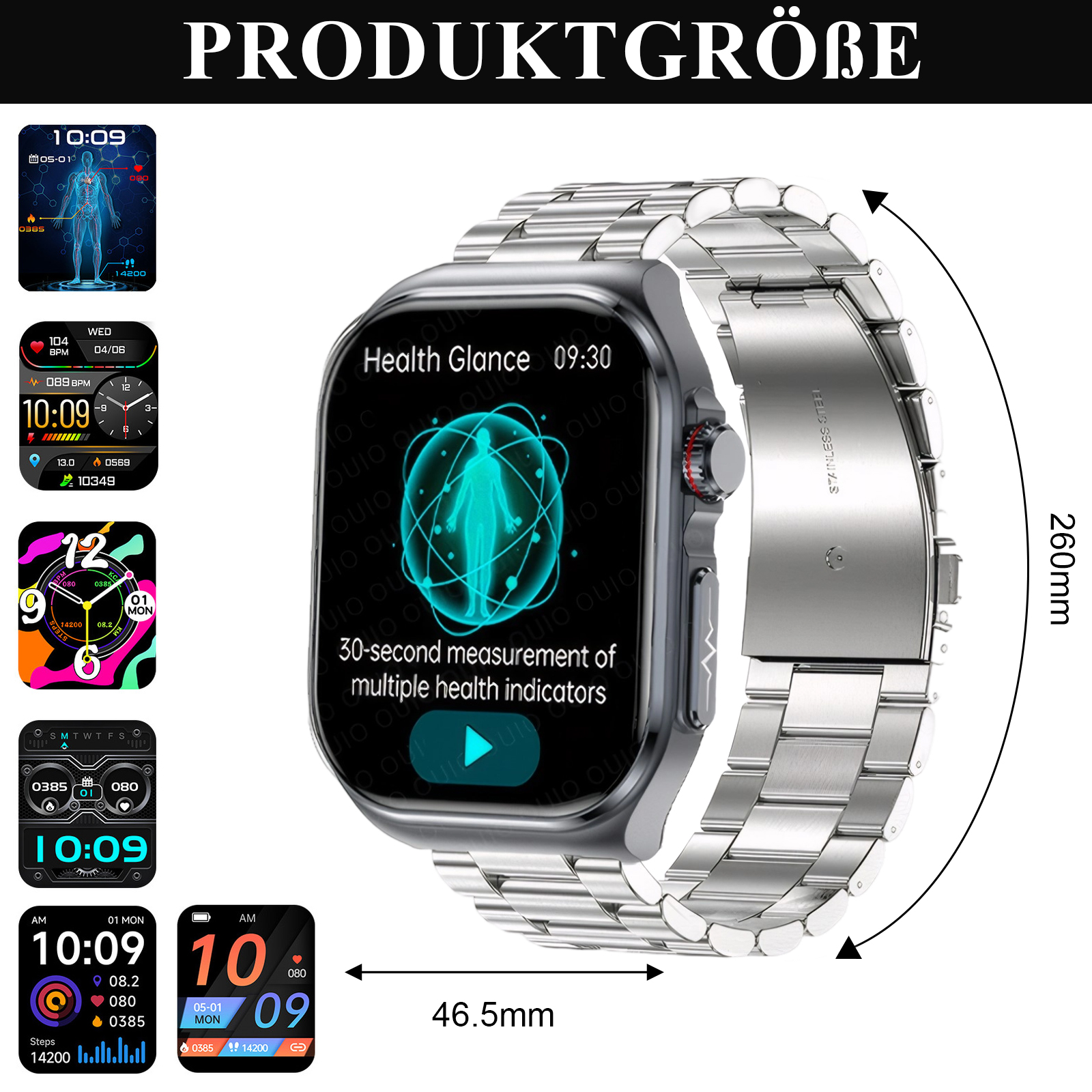 Silberne Smartwatch mit schwarzem Bildschirm, der Gesundheitsdaten anzeigt, und silbernem Band. Produktinformationen werden angezeigt.