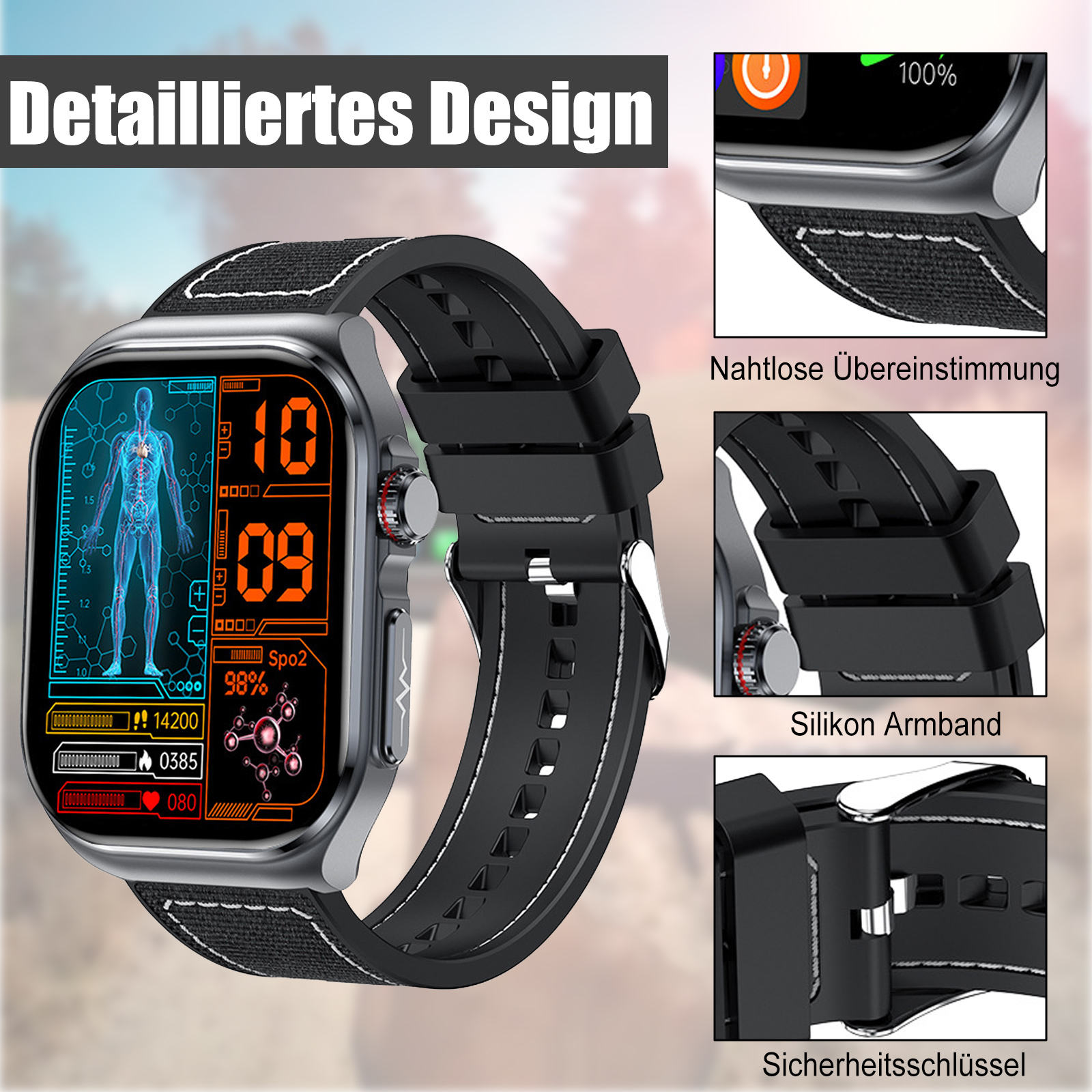 Nahaufnahme einer Smartwatch. Sie zeigt Gesundheitsdaten an. Details des Bandes und der Uhr werden gezeigt.