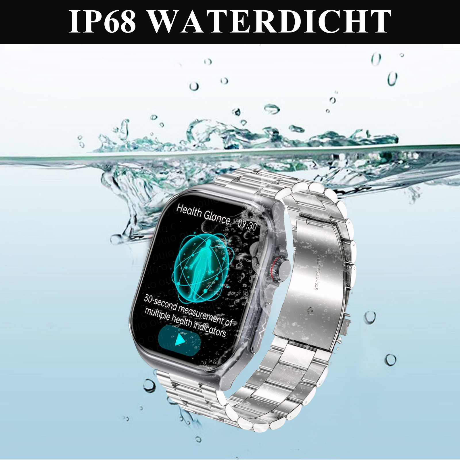 Eine Smartwatch, die in Wasser getaucht ist, mit Wassertropfen und Blasen. Die Uhr ist silber und schwarz.