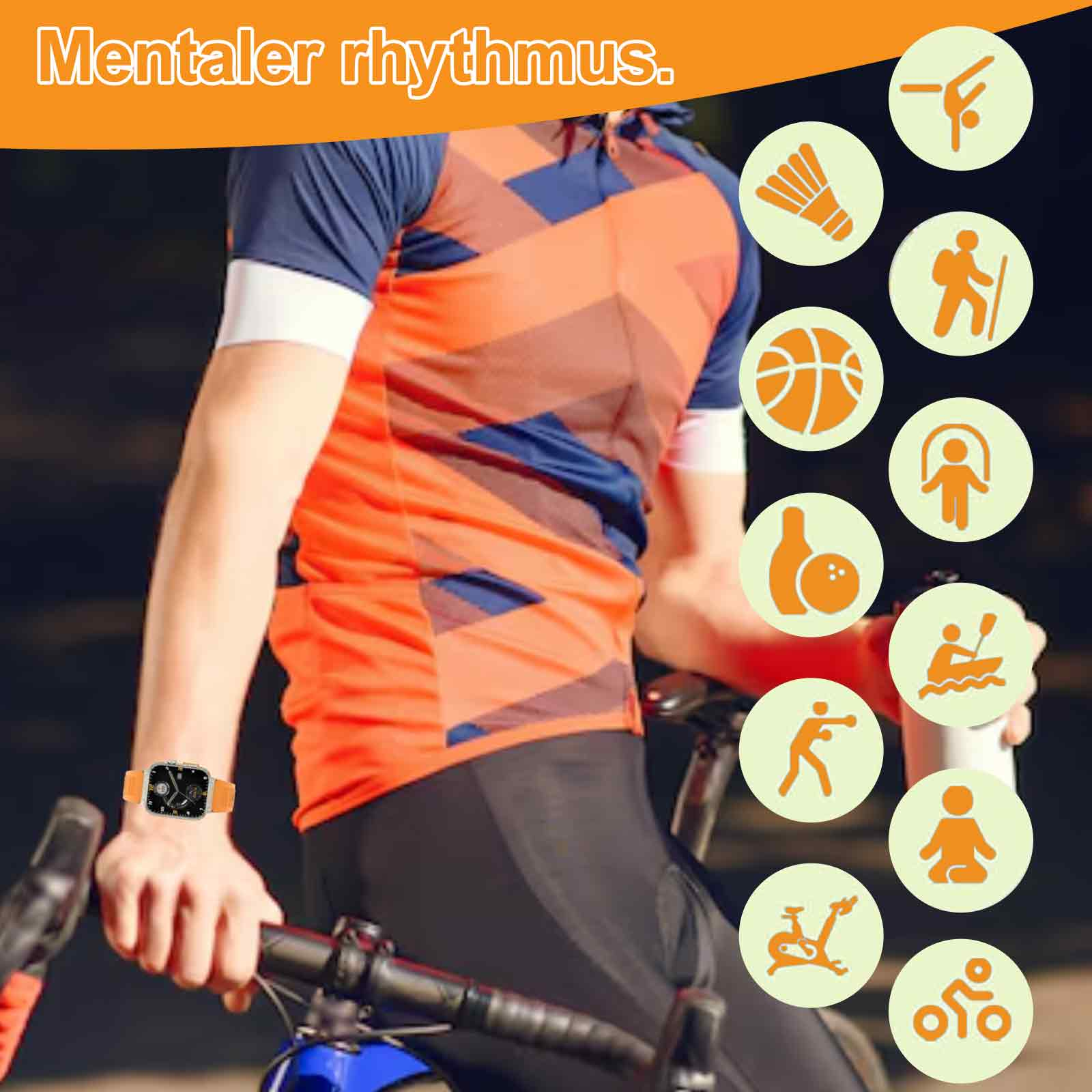 Ein Mann auf einem Fahrrad mit einer Smartwatch. Sport-Icons umgeben den Mann. Das Bild ist orange und blau.