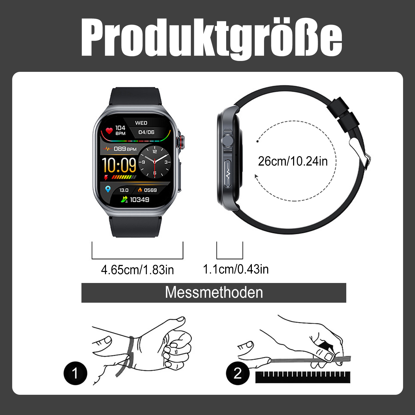 Schwarze Smartwatch mit Maßen und Text. Die Uhr zeigt Zeit- und Gesundheitsinformationen an.