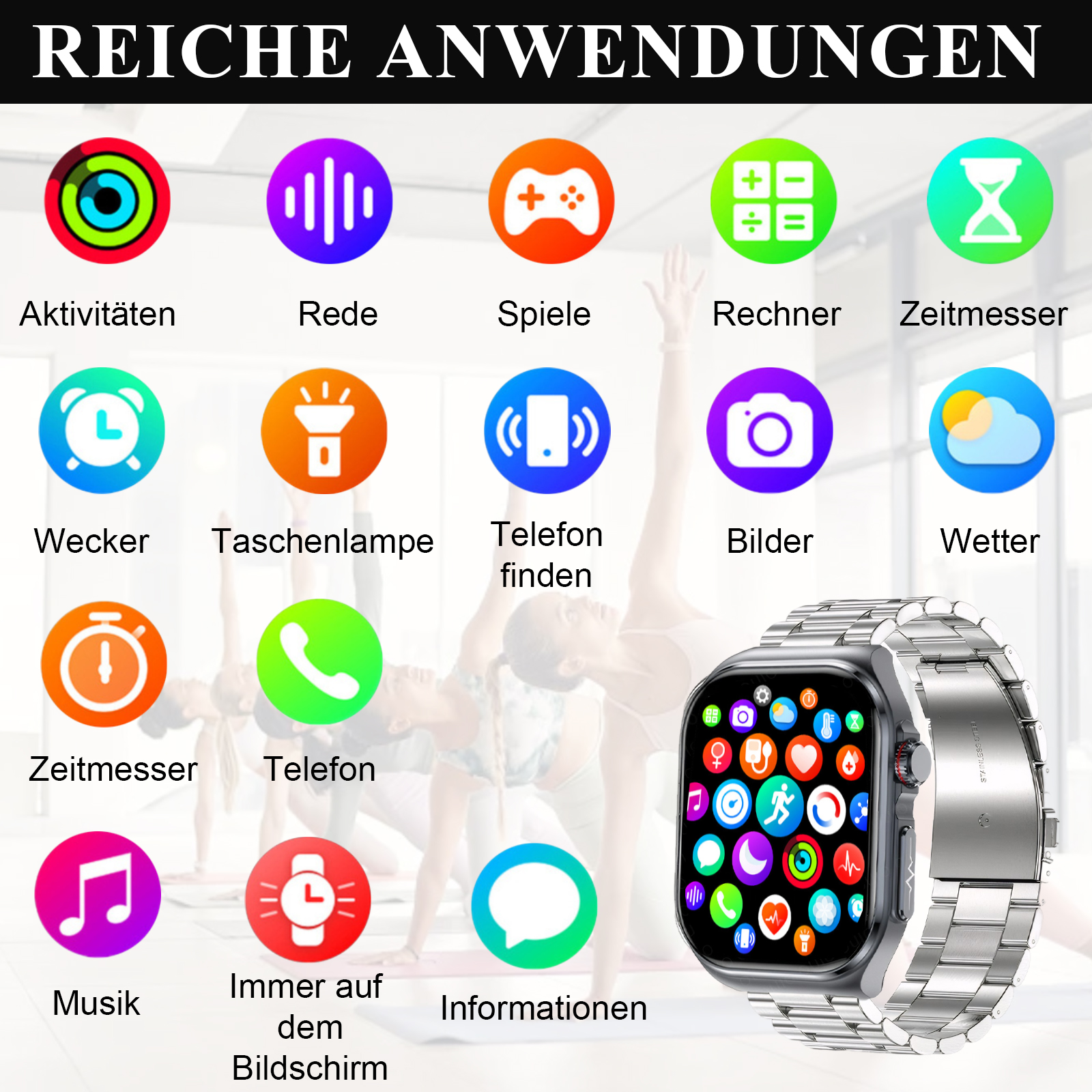 Smartwatch-Bildschirm mit App-Symbolen. Die Uhr hat Symbole für verschiedene Funktionen und Apps.
