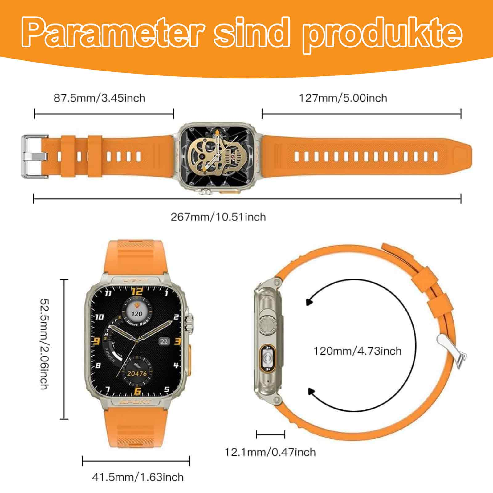 Diagramm, das eine Smartwatch mit orangefarbenem Armband zeigt. Abmessungen werden angezeigt. Drei Zifferblätter werden angezeigt.