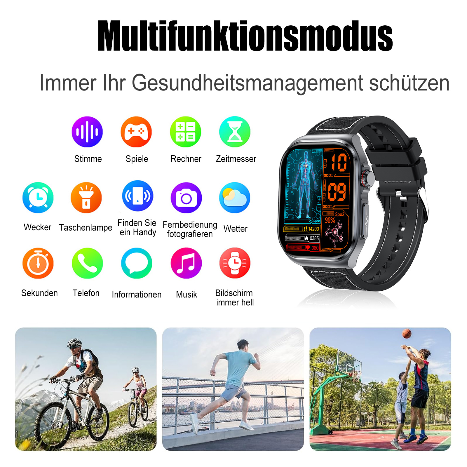 Eine Smartwatch mit mehreren Funktionssymbolen und drei kleinen Bildern von Leuten, die Sport treiben.