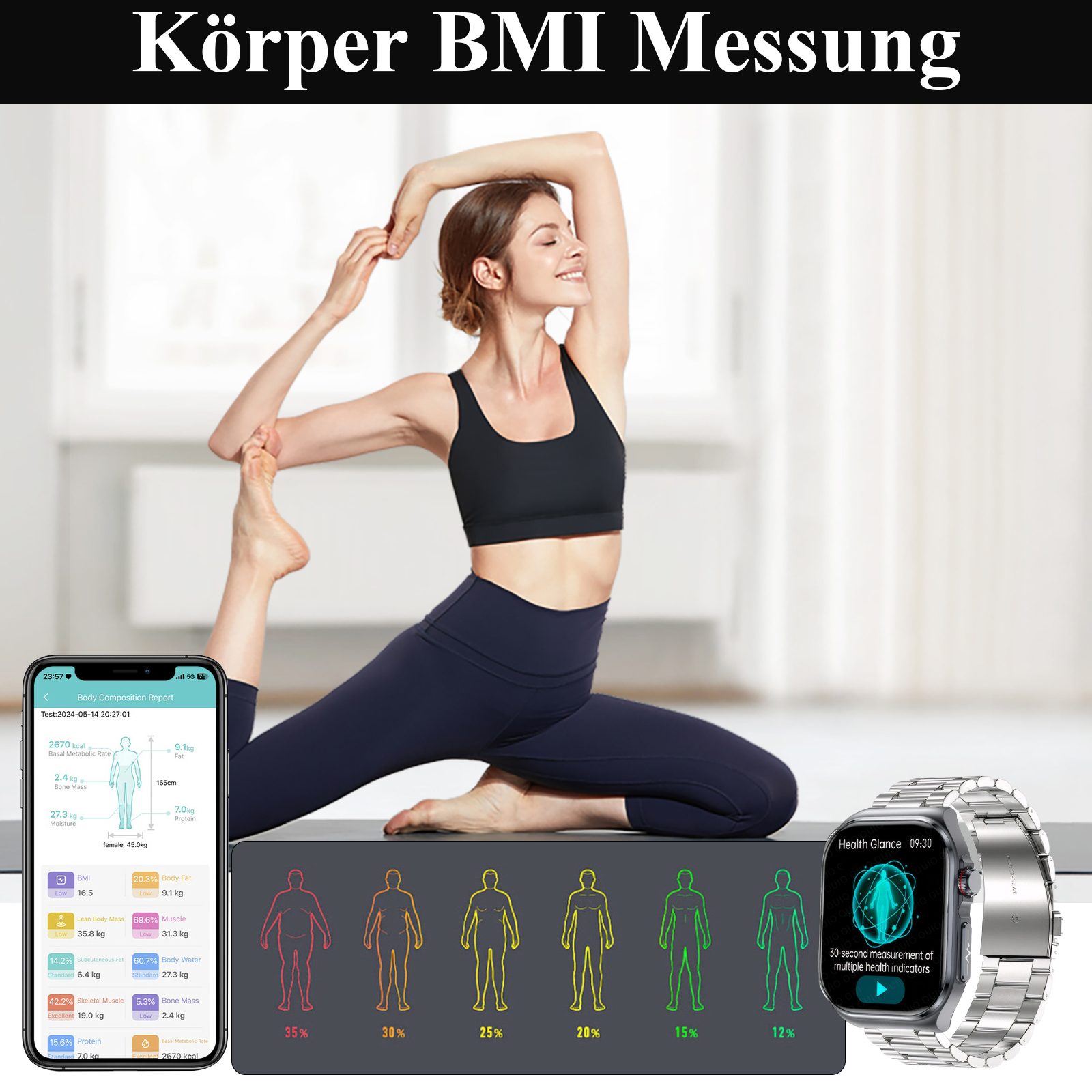 Eine Frau macht Yoga. Das Telefon zeigt Gesundheitsdaten an, und eine Smartwatch wird angezeigt.