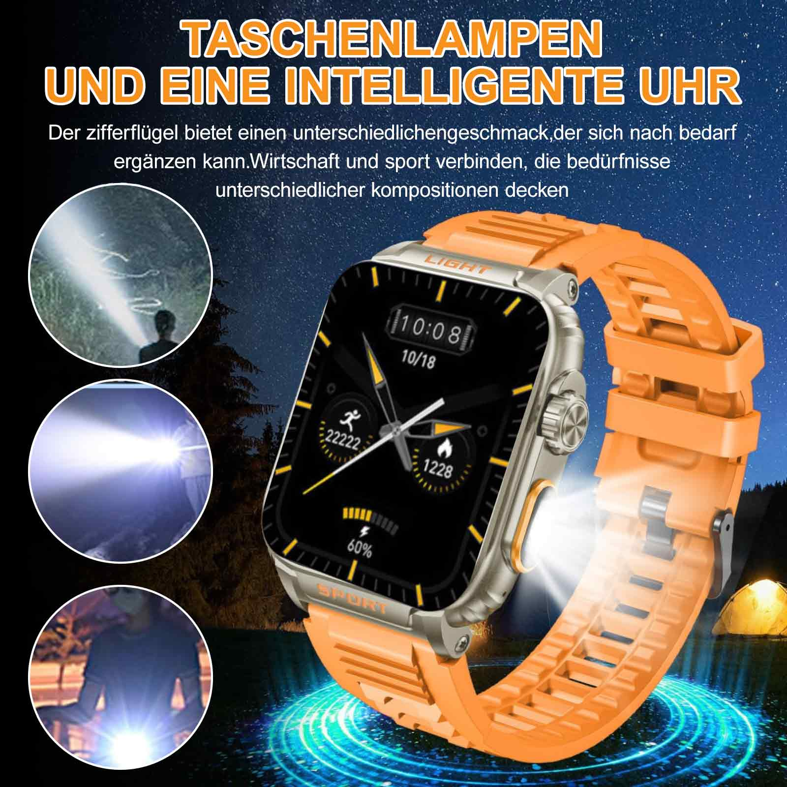 Smartwatch mit orangefarbenem Armband und Taschenlampenfunktionen. Die Uhr zeigt die Zeit an und hat einen hellen Bildschirm.