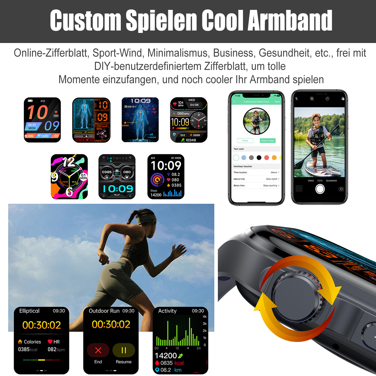 Smartwatch-Displays, eine Frau mit Laptop und Smartphone-Screenshots; alles rund um die Anpassung.