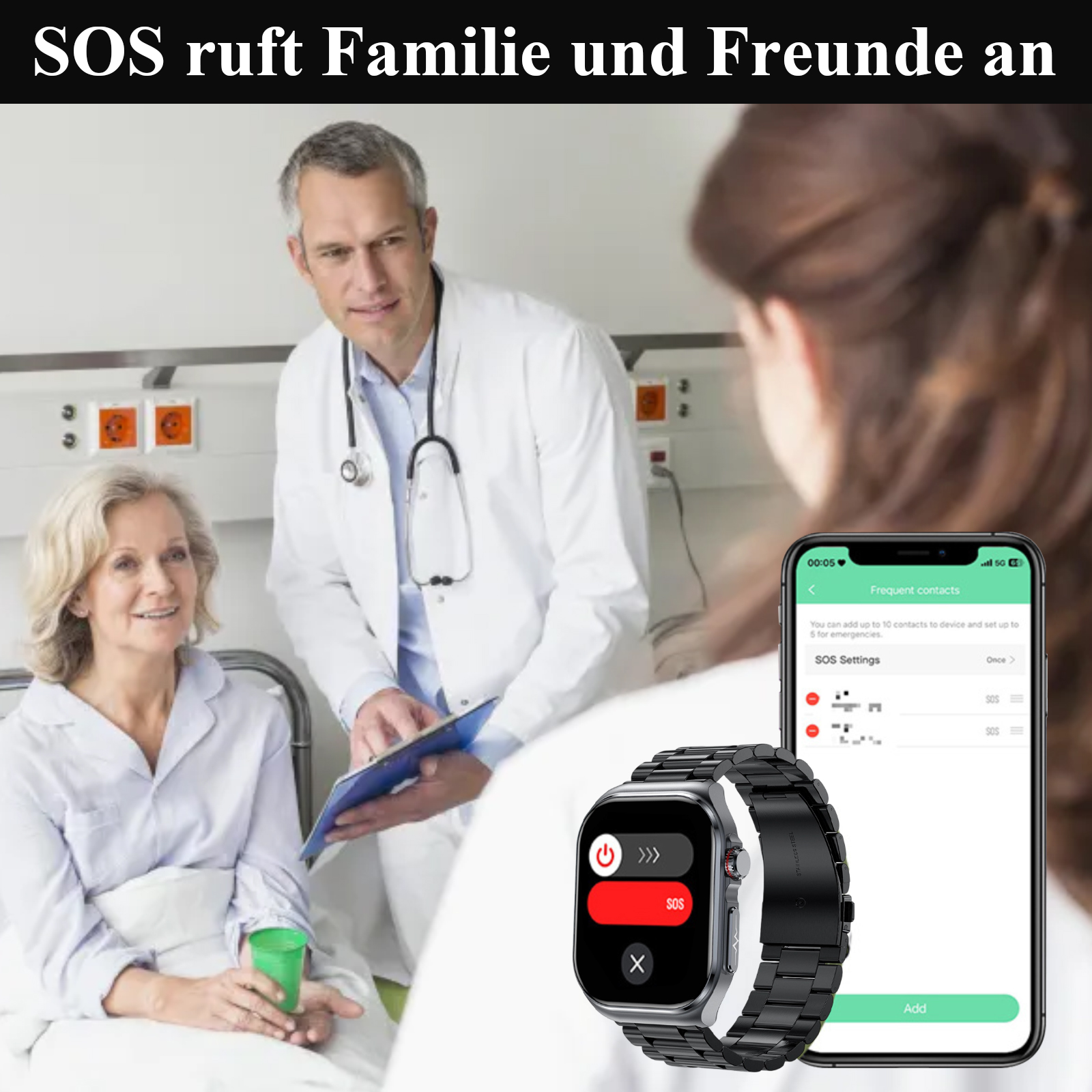 Ein Arzt und ein Patient in einem Krankenhauszimmer mit einer Smartwatch und einem Telefon, das SOS-Einstellungen anzeigt.