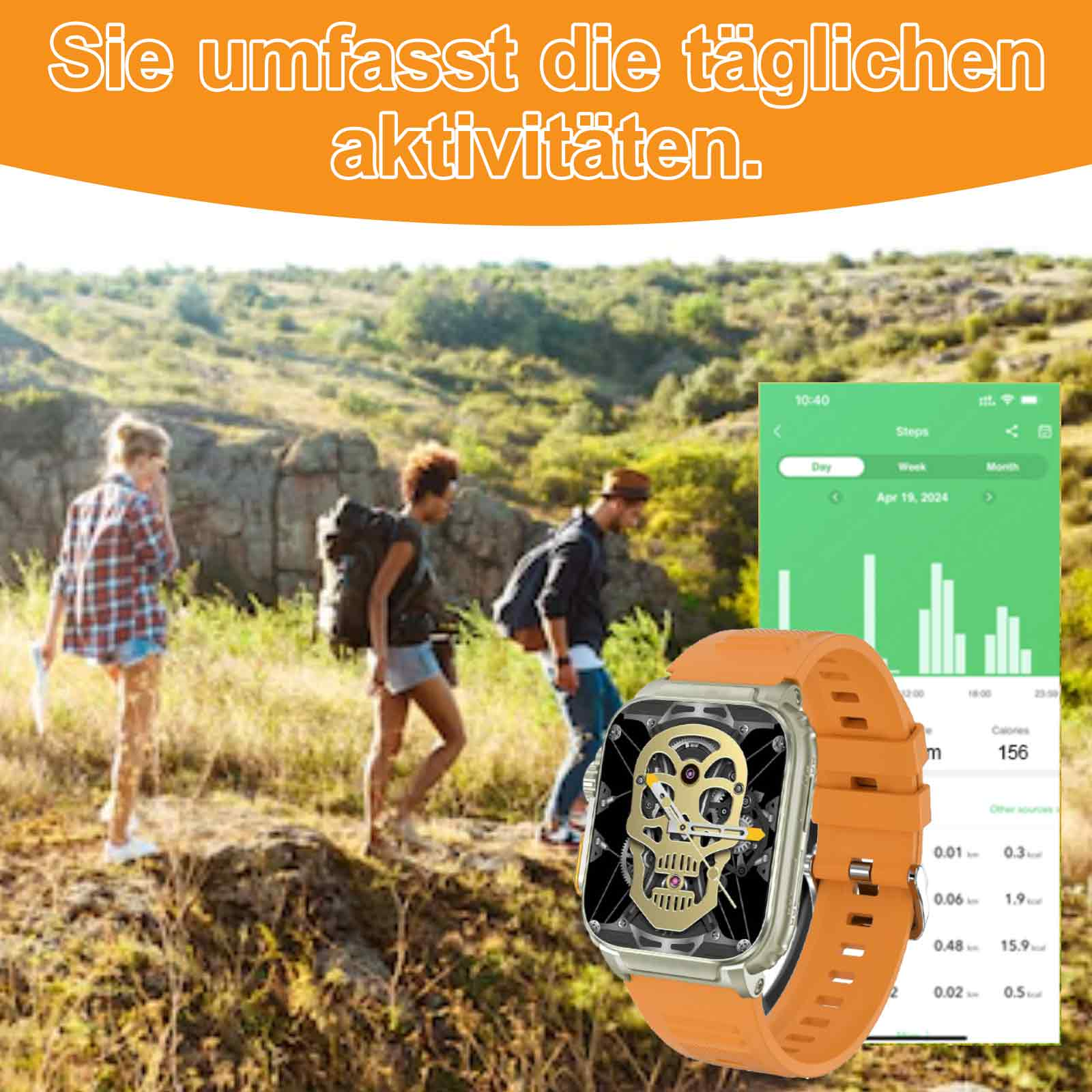 Drei Personen wandern. Einer hat einen Rucksack. Eine Smartwatch und ein Telefon mit Aktivität werden angezeigt.