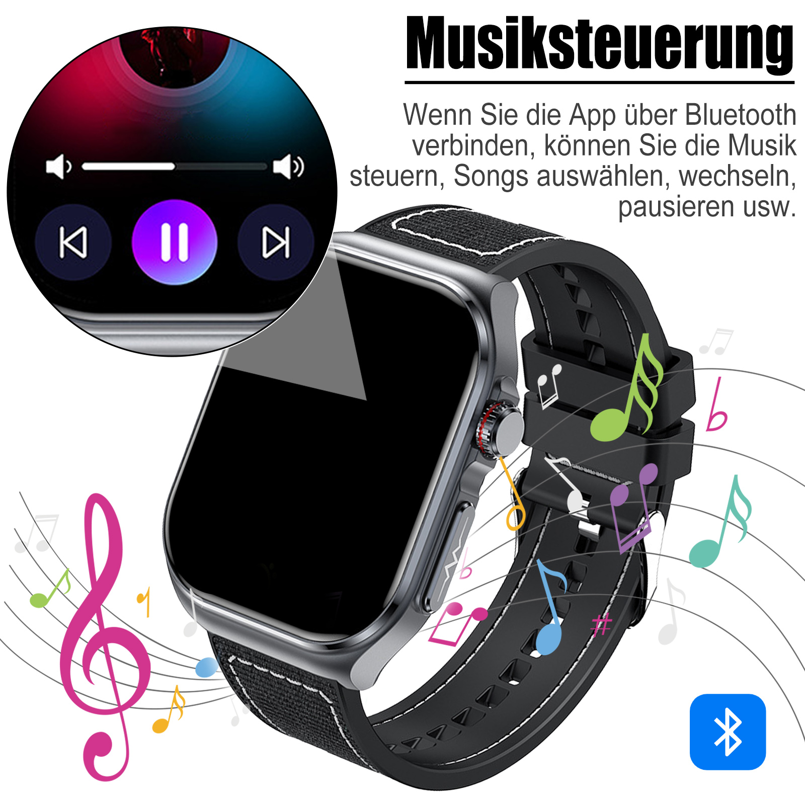 Smartwatch mit Musiksteuerung. Die Uhr zeigt eine Musikoberfläche mit Wiedergabe-, Pausen- und Überspringen-Steuerelementen.