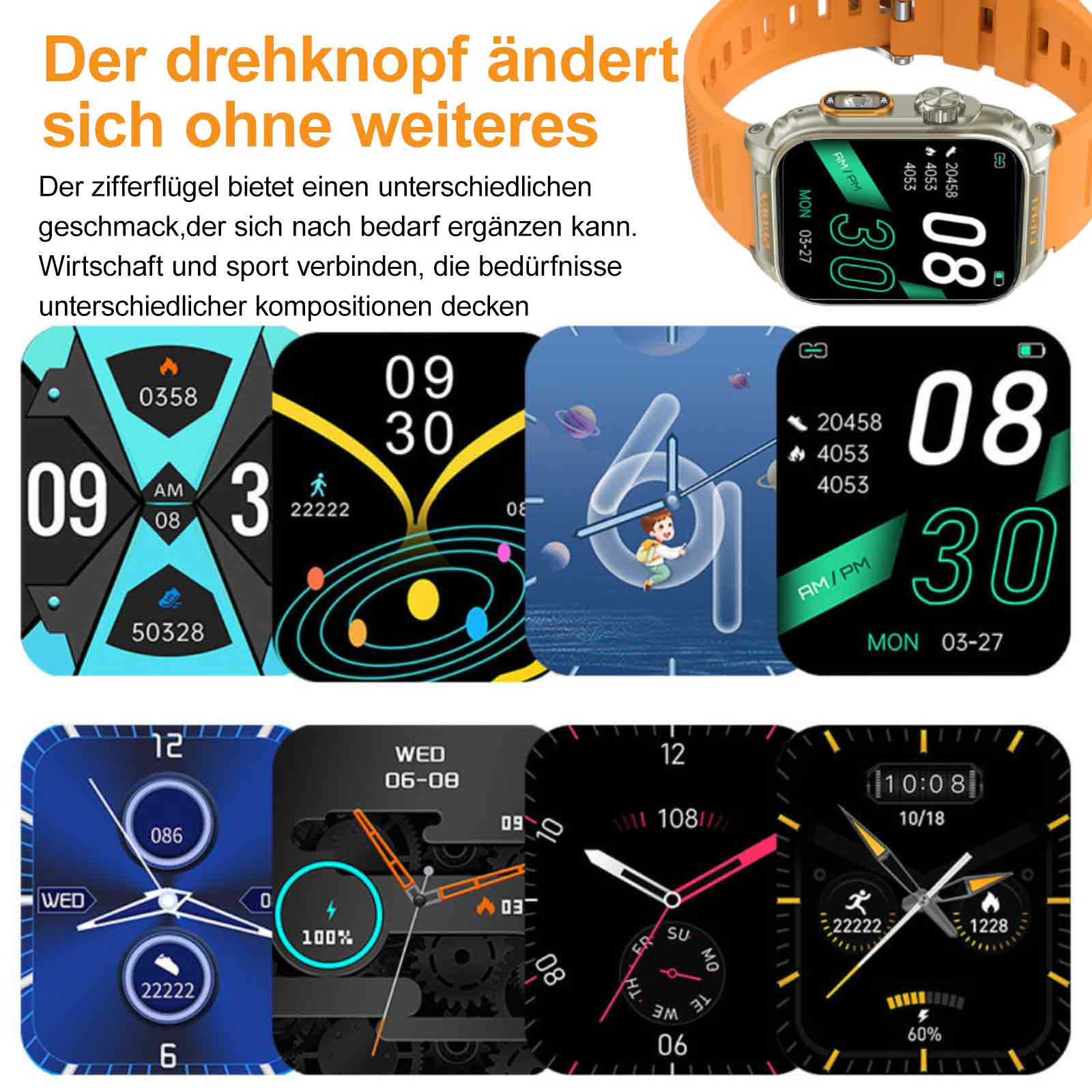 Uhrenanzeige mit verschiedenen Zifferblättern. Die Uhr zeigt die Uhrzeit und verschiedene Anzeigeoptionen an.
