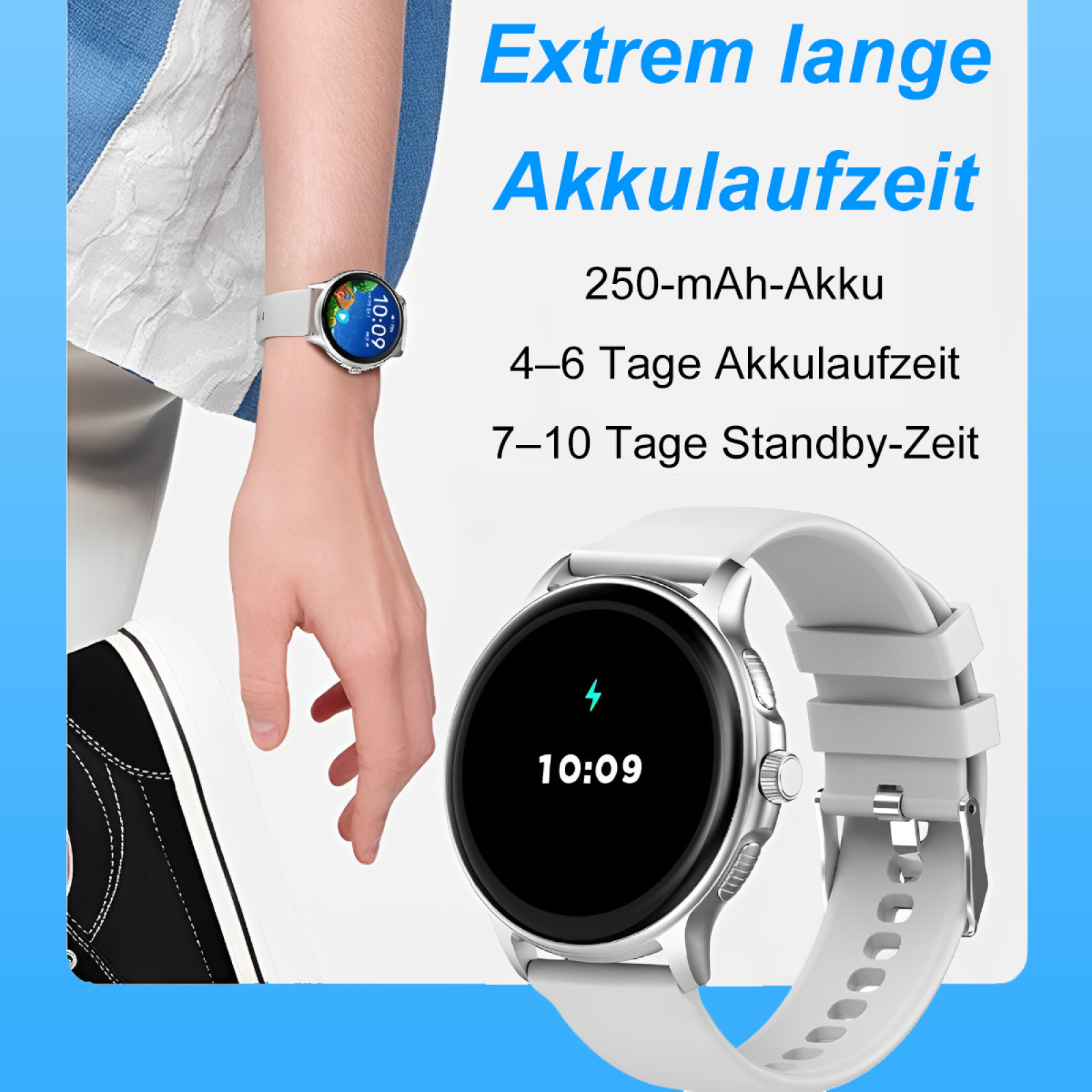 Frau trägt weiße Smartwatch, zeigt Display und Funktionen der Uhr.
