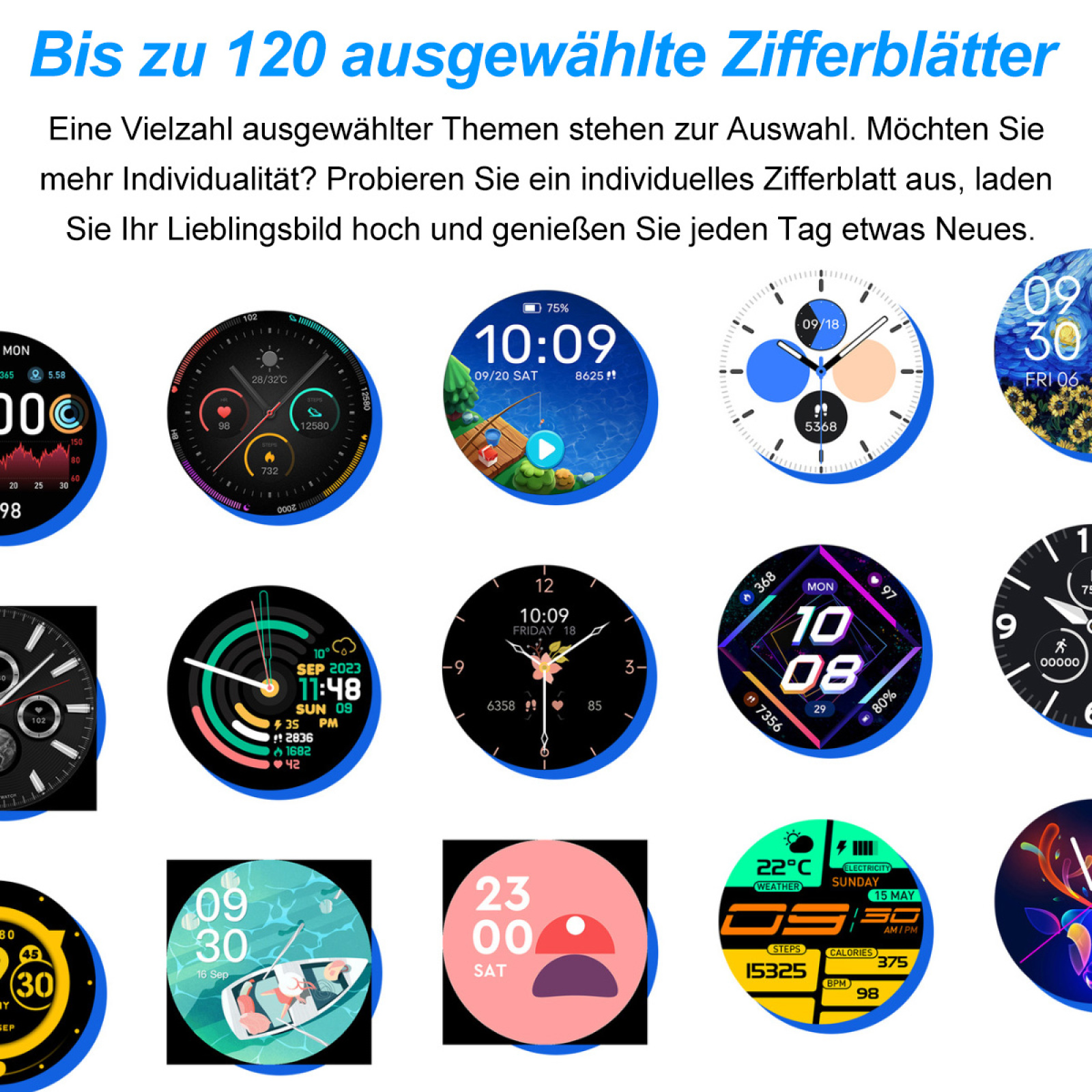 Eine Sammlung von Smartwatch-Zifferblättern wird angezeigt. Sie haben verschiedene Designs und zeigen verschiedene Informationen.