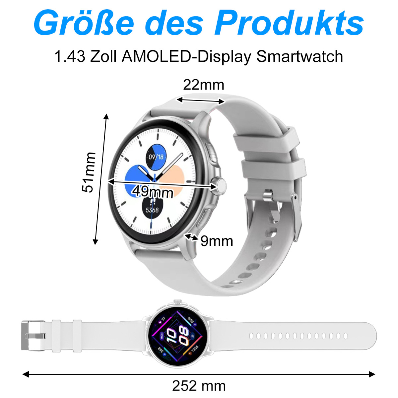 Weiße Smartwatch mit Maßen. Die Uhr ist weiß mit rundem Zifferblatt und weißem Armband.