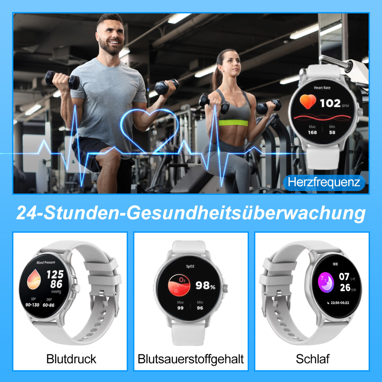Menschen trainieren mit Smartwatch am Handgelenk. Die Uhr zeigt Herzfrequenz und andere Gesundheitsmetriken an.