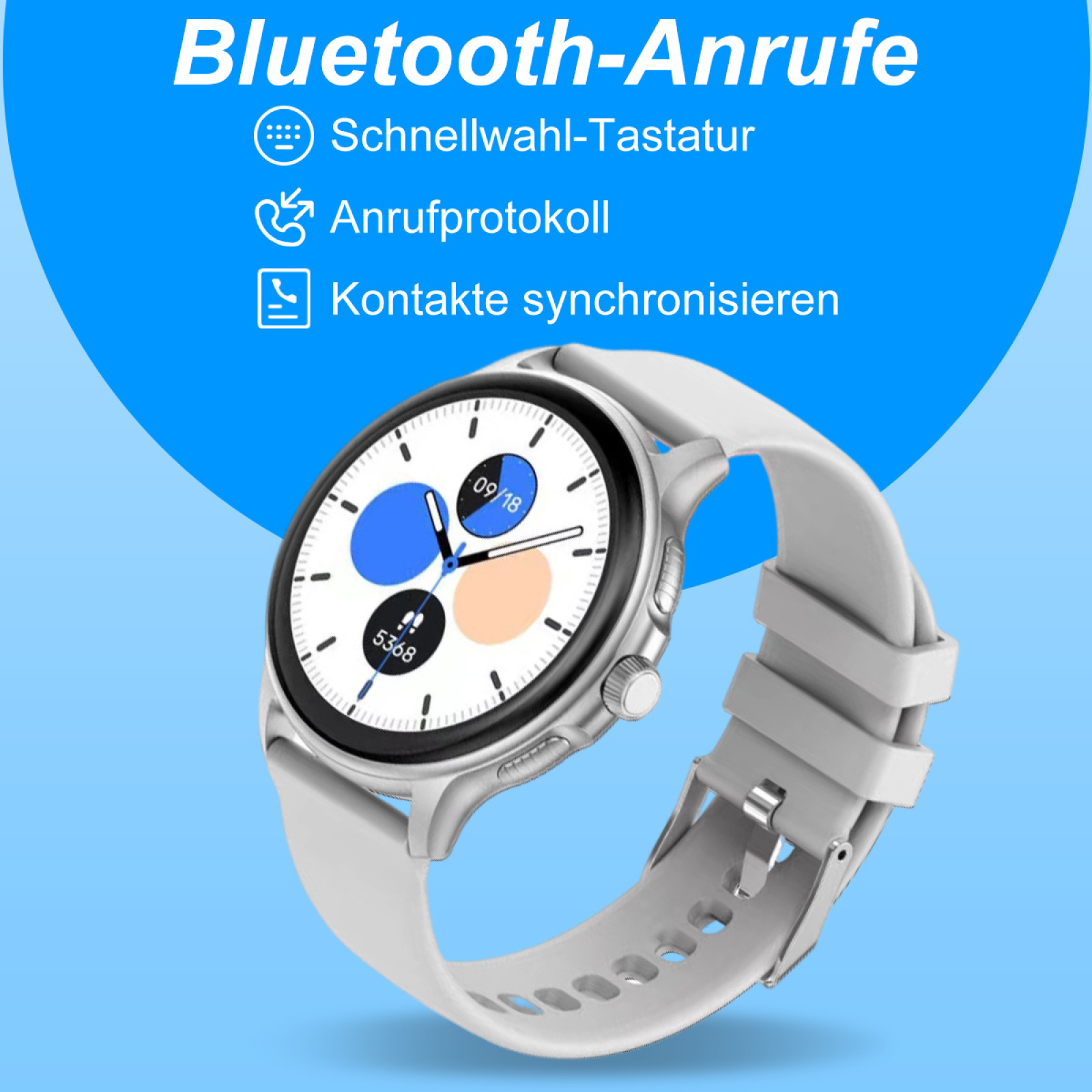 Weiße Smartwatch zeigt Display mit blauen Symbolen auf blauem Hintergrund.