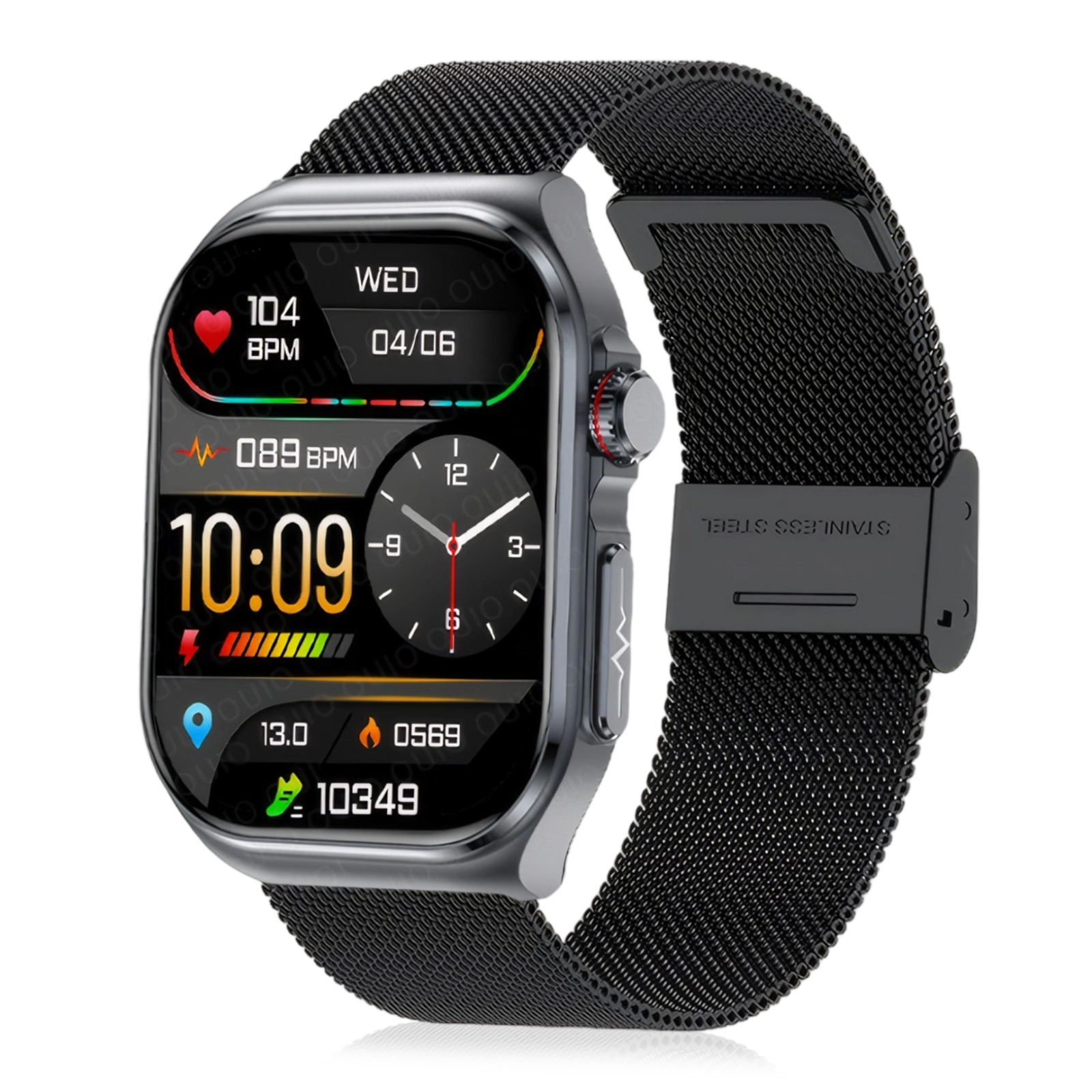 Smartwatch mit schwarzem Armband, das Zeit, Herzfrequenz und Datum anzeigt. Das Armband ist aus Edelstahl.