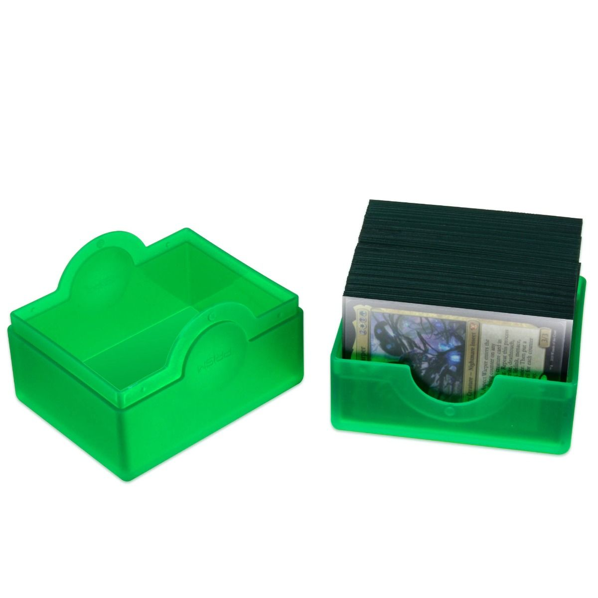 Grüner Kartenhalter mit Karten, offen, auf weißer Oberfläche und grüne Box.
