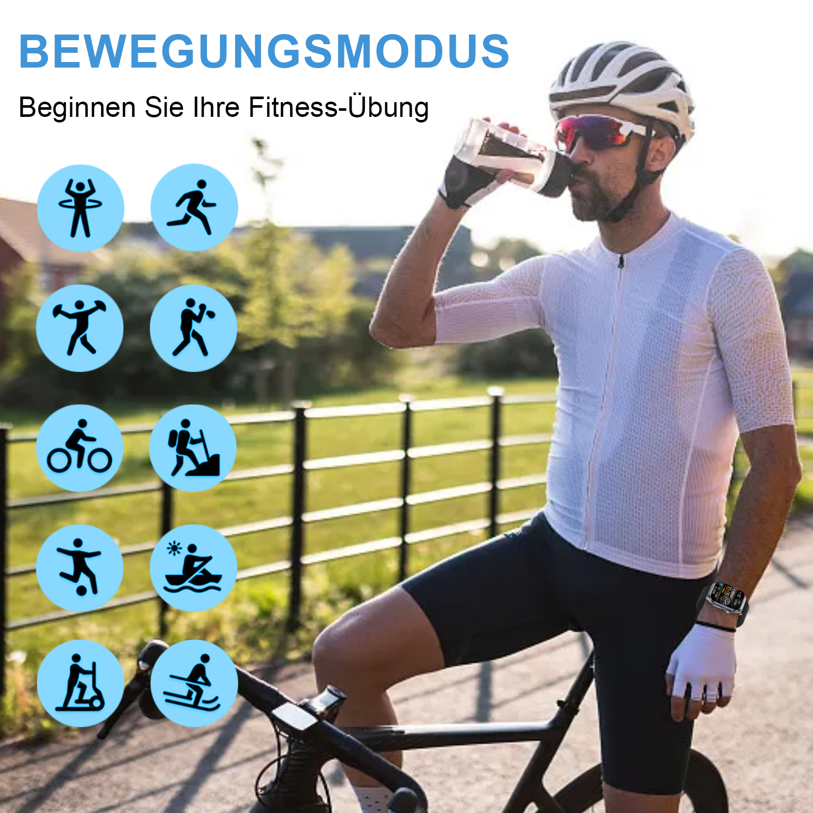 Radfahrer trinkt aus einer Flasche, trägt Helm und Sonnenbrille. Icons von Trainingsmodi im Hintergrund.