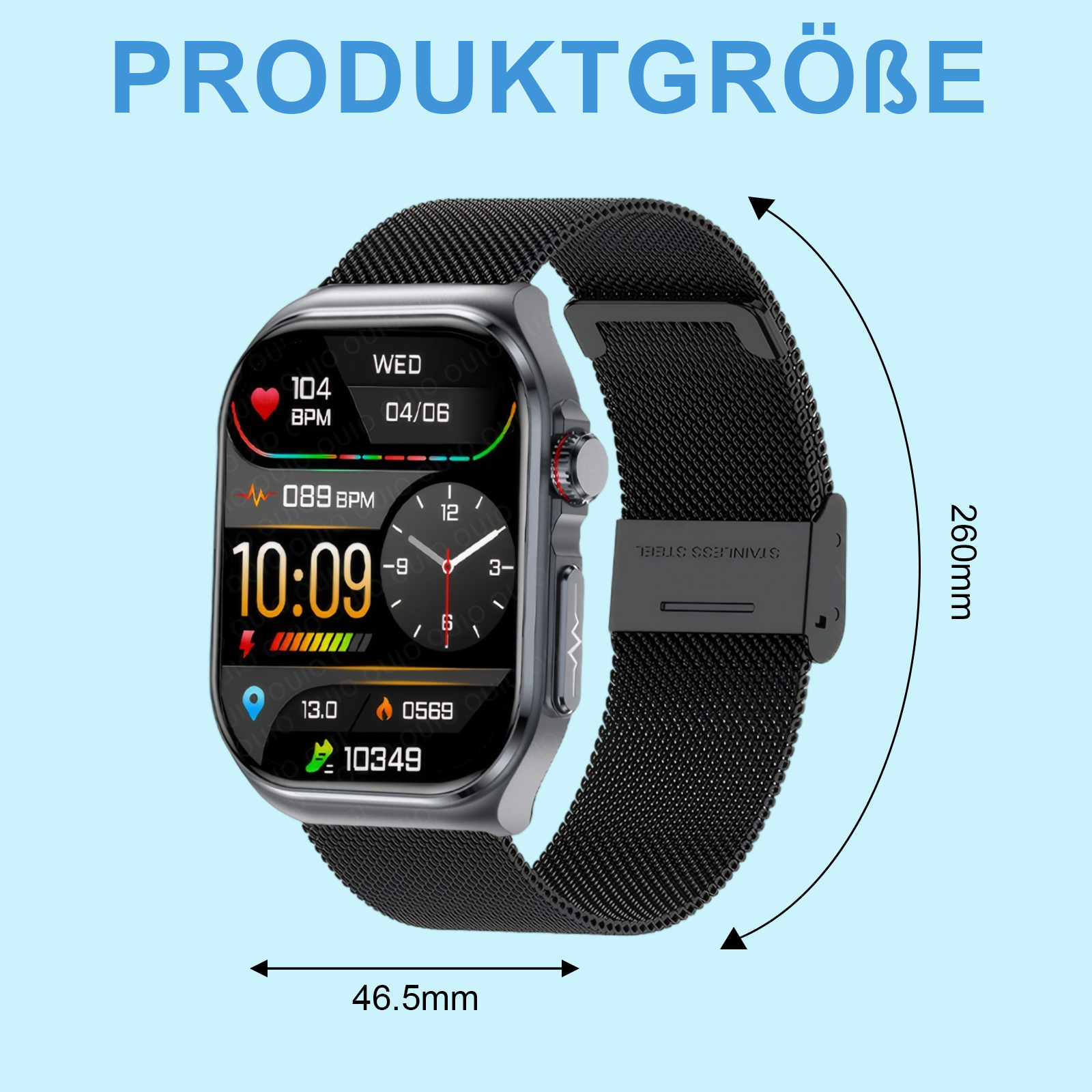 Smartwatch, das Zeit, Herzfrequenz und Datum anzeigt. Maße: 46,5 mm x 260 mm. Schwarzes Armband.