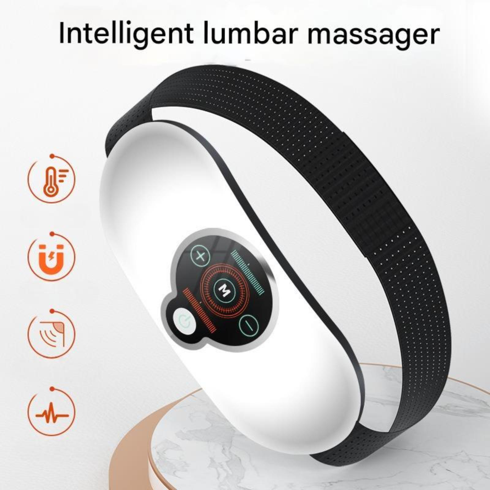 Ein intelligenter Lendenwirbel-Massagegerät mit weißem Gehäuse, schwarzem Riemen und mehreren Funktionssymbolen darum herum.