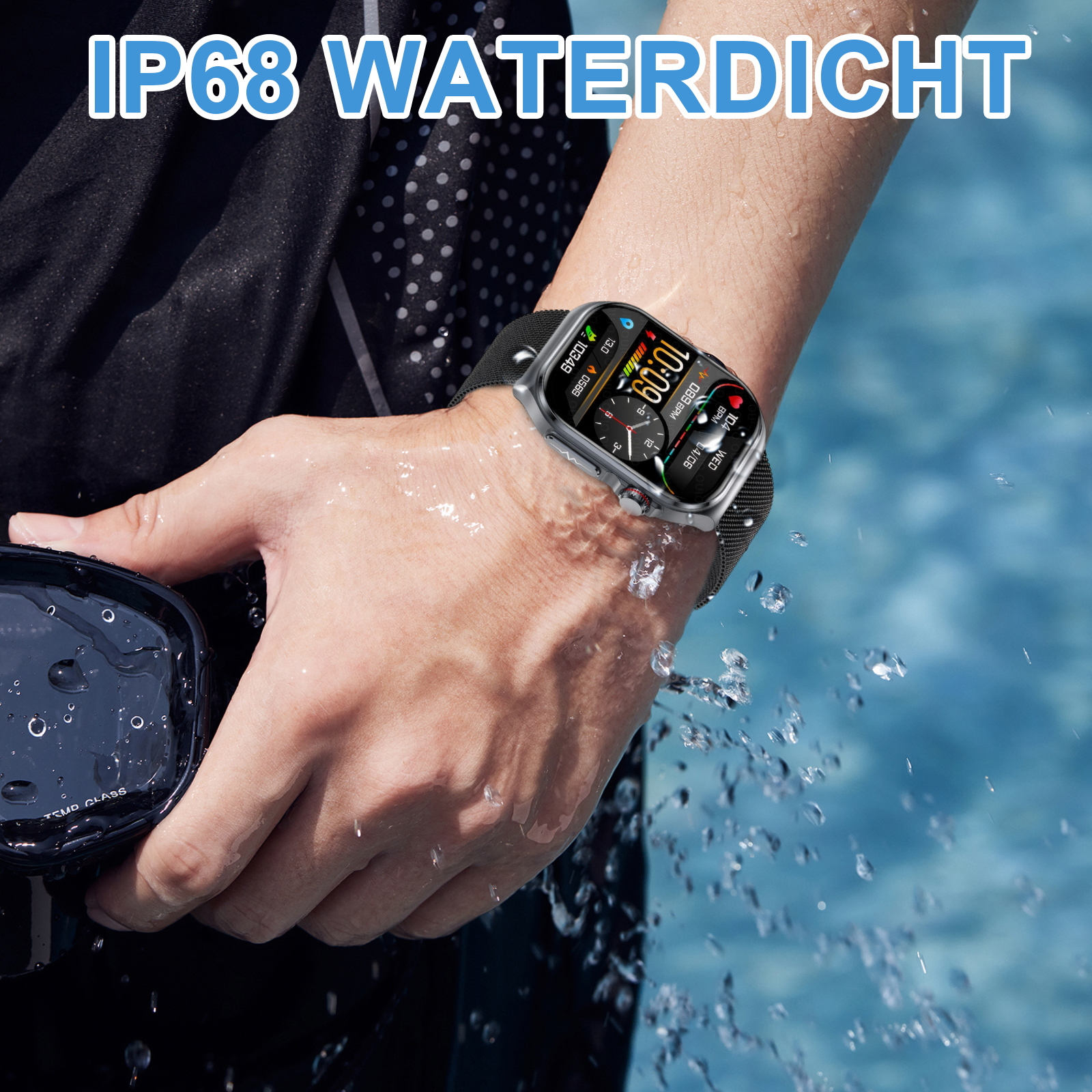 Eine Hand, die eine Smartwatch im Wasser trägt. Die Uhr zeigt die Zeit und Herzfrequenz an. Die Uhr ist wasserdicht.