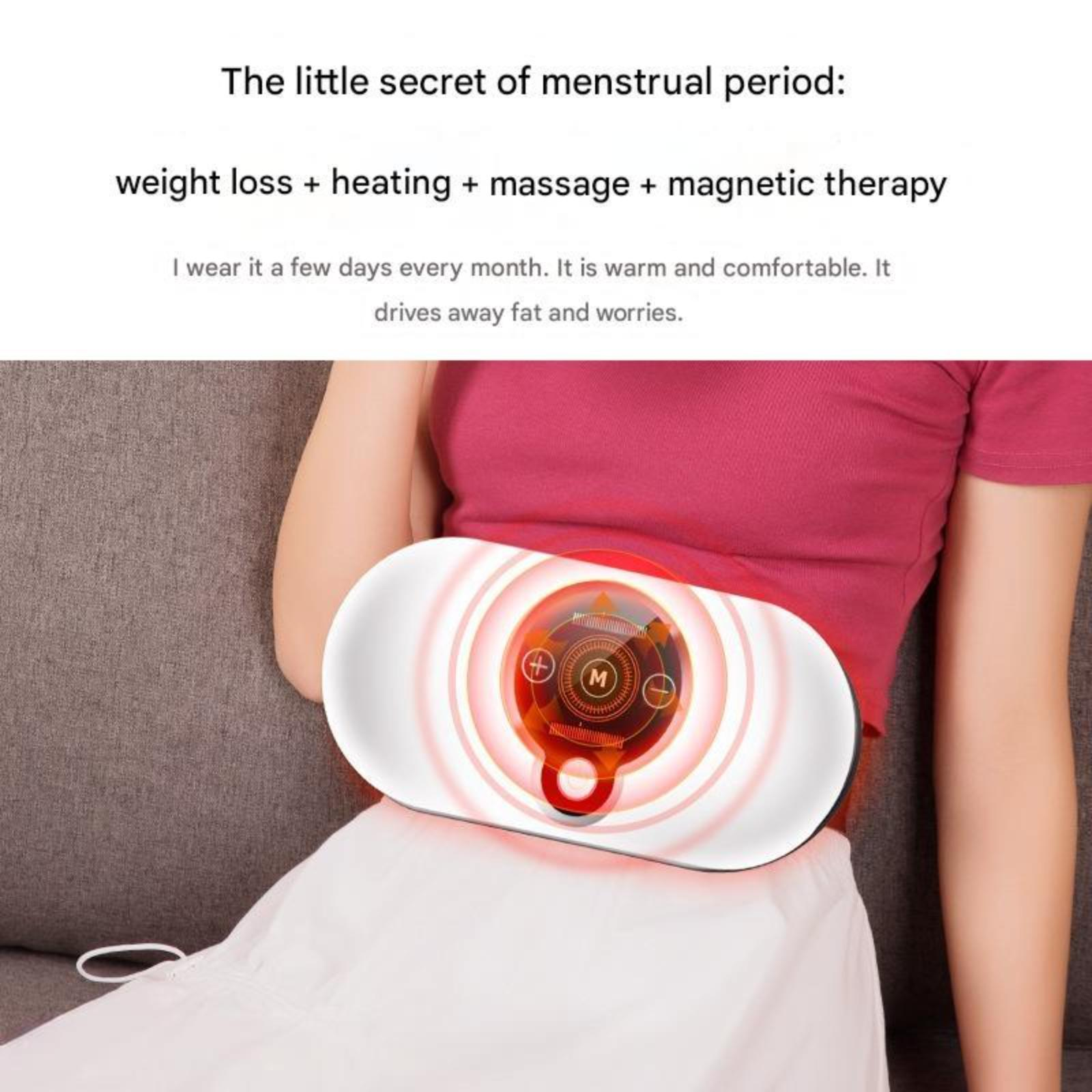 Frau trägt ein Gerät am Bauch. Gerät dient zur Gewichtsabnahme, Erwärmung, Massage und Magnettherapie.
