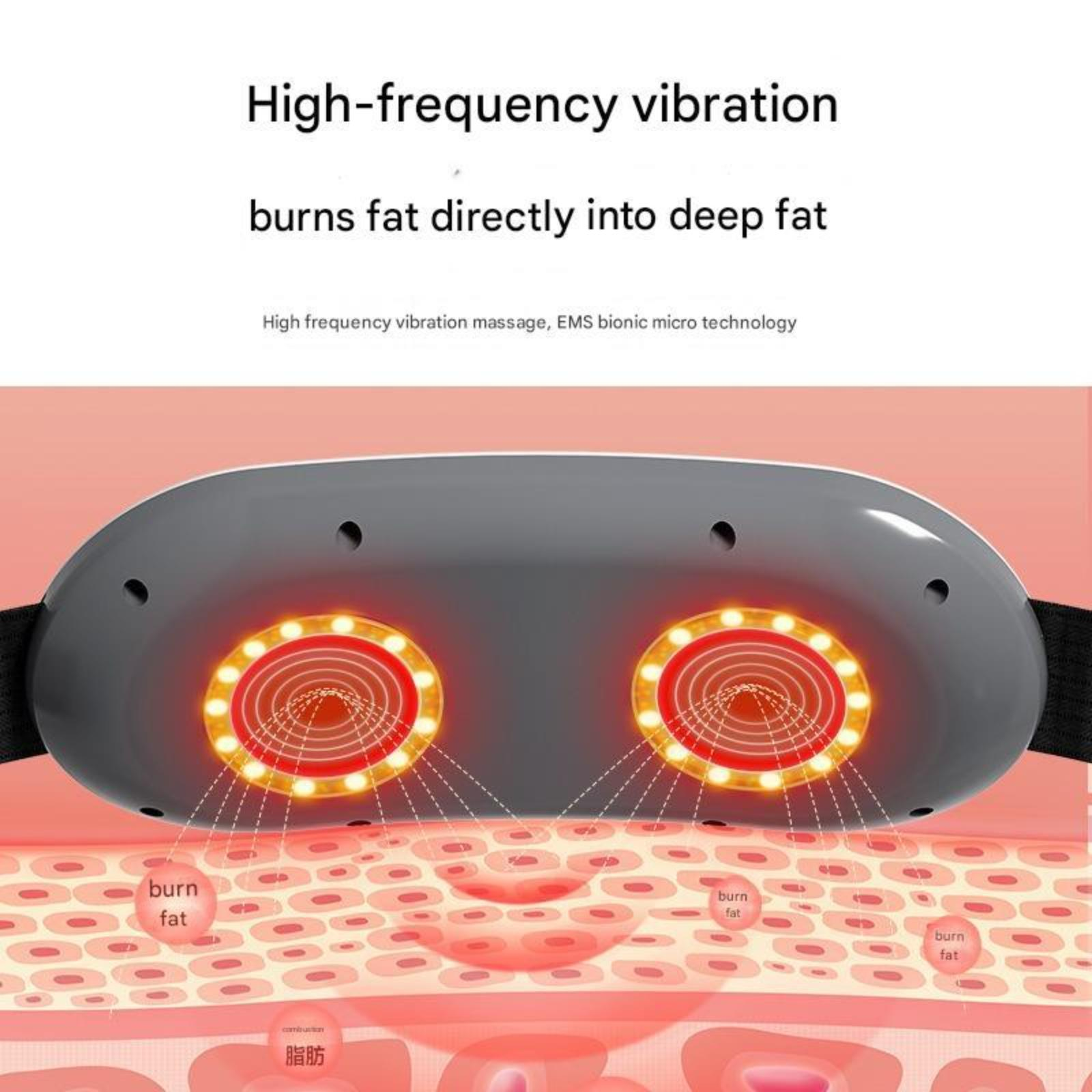 Gerät mit zwei kreisförmigen Lichtern, auf der Haut platziert. Bild zeigt Fettverbrennung durch Vibration.