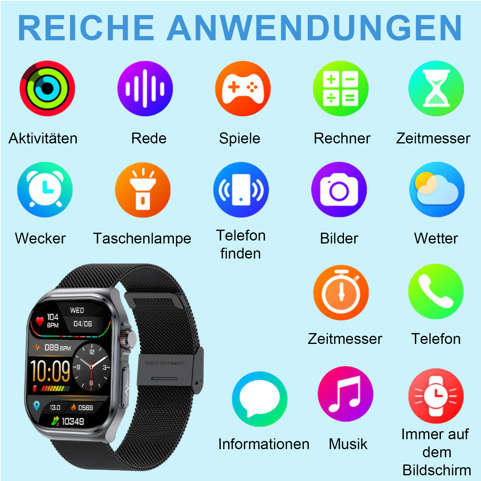 Smartwatch mit verschiedenen Symbolen für Apps: Aktivitäten, Sprache, Spiele, Rechner, Timer und mehr.