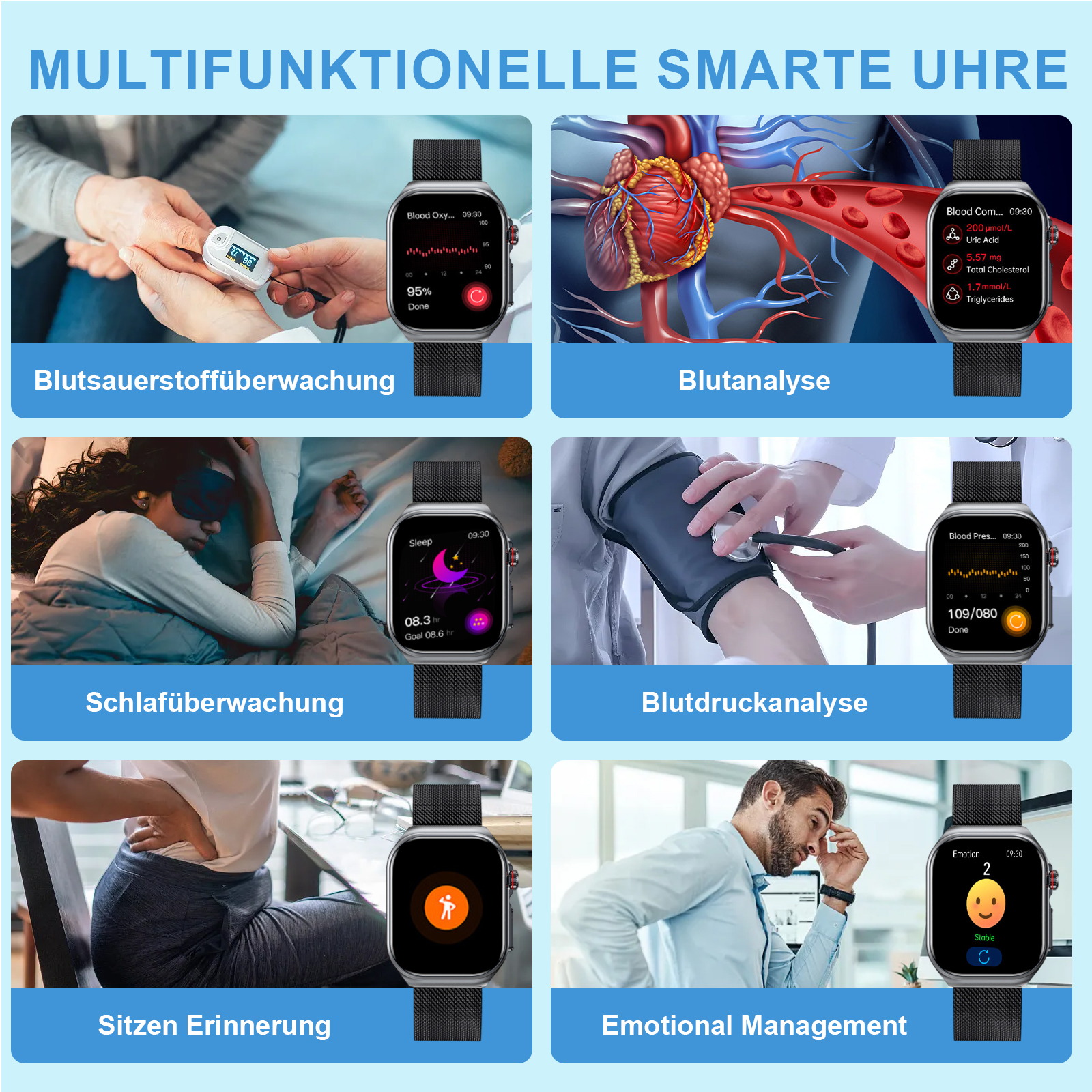 Smartwatch, das verschiedene Gesundheitsmetriken anzeigt: Blutsauerstoff, Blutanalyse, Schlaf, Blutdruck.