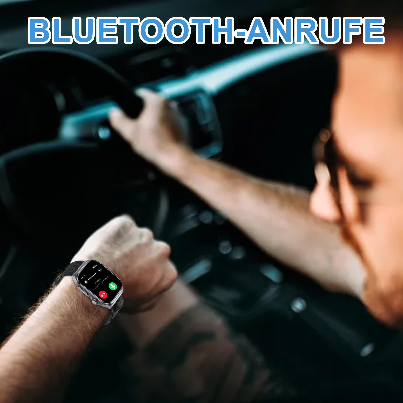 Mann im Auto, der eine Smartwatch benutzt, um einen Anruf anzunehmen. Die Uhr zeigt Anrufer-ID.