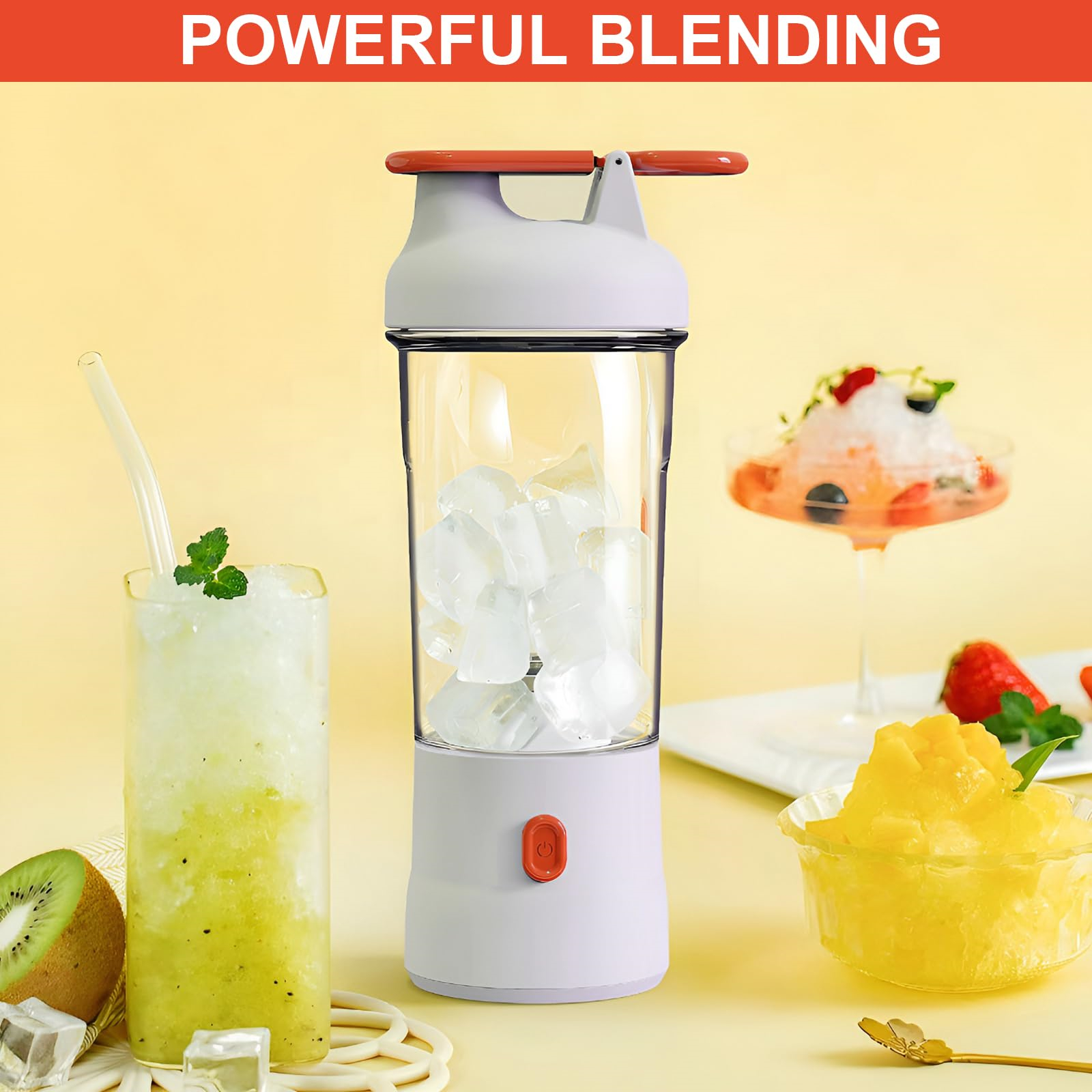 Ein weißer und orangener Mixer. Zeigt ein Getränk, Eis und Obst. Der Mixer steht im Mittelpunkt.