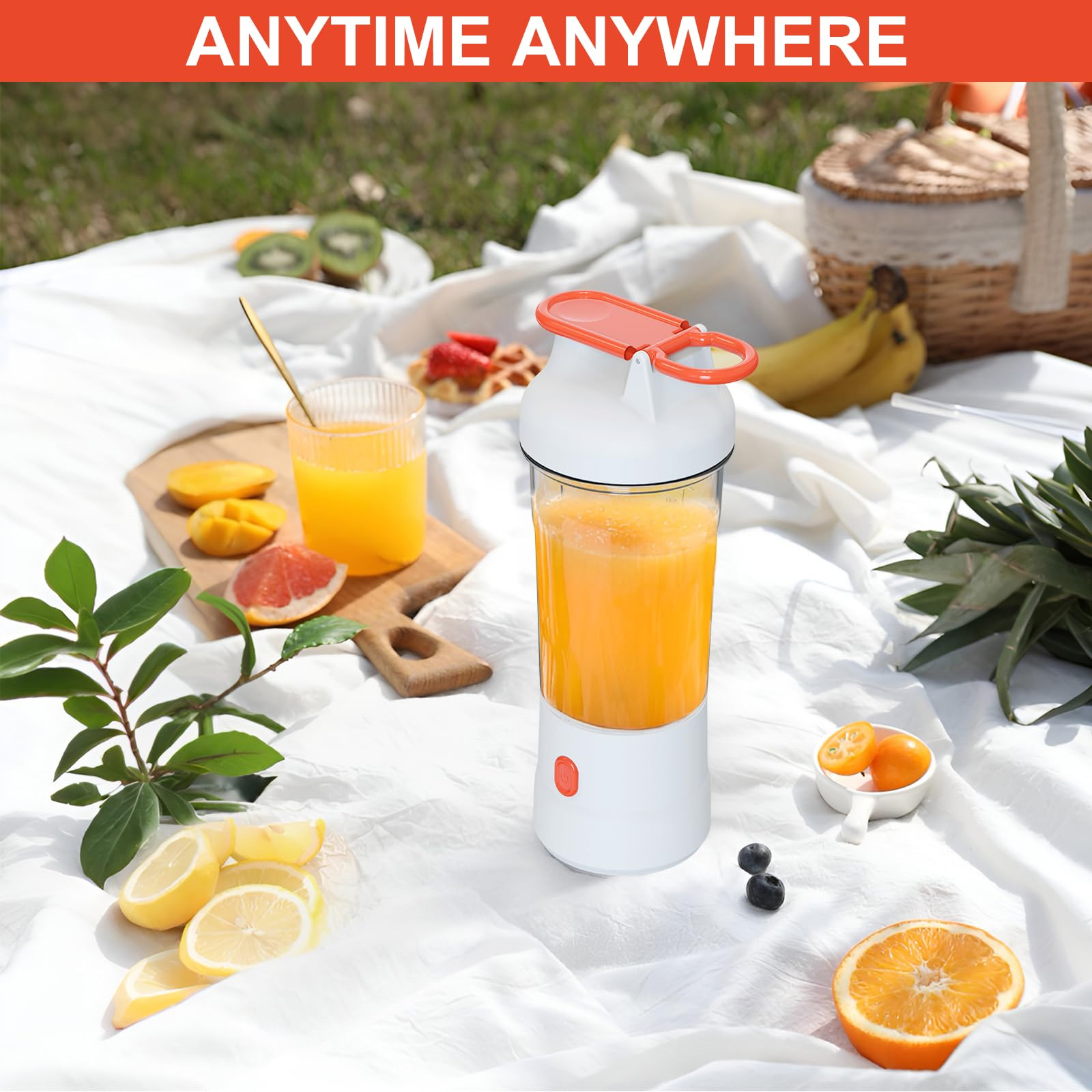 Mixer mit Orangensaft auf Picknickdecke. Obst und goldener Löffel liegen auch auf der Decke.
