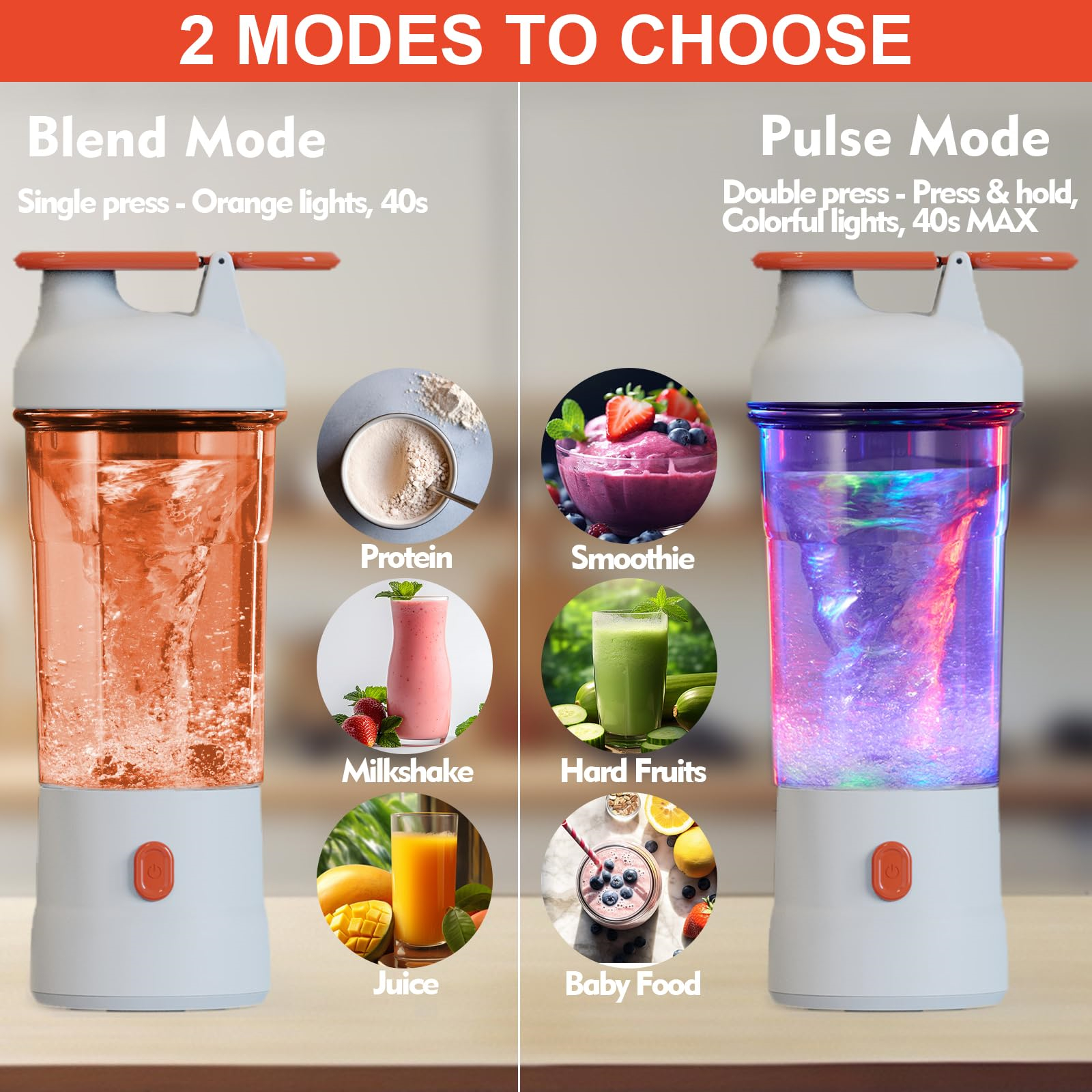 Zwei Mixer mit unterschiedlichem Inhalt und Modi. Einer mit orangefarbener Flüssigkeit, der andere mit bunten Lichtern.