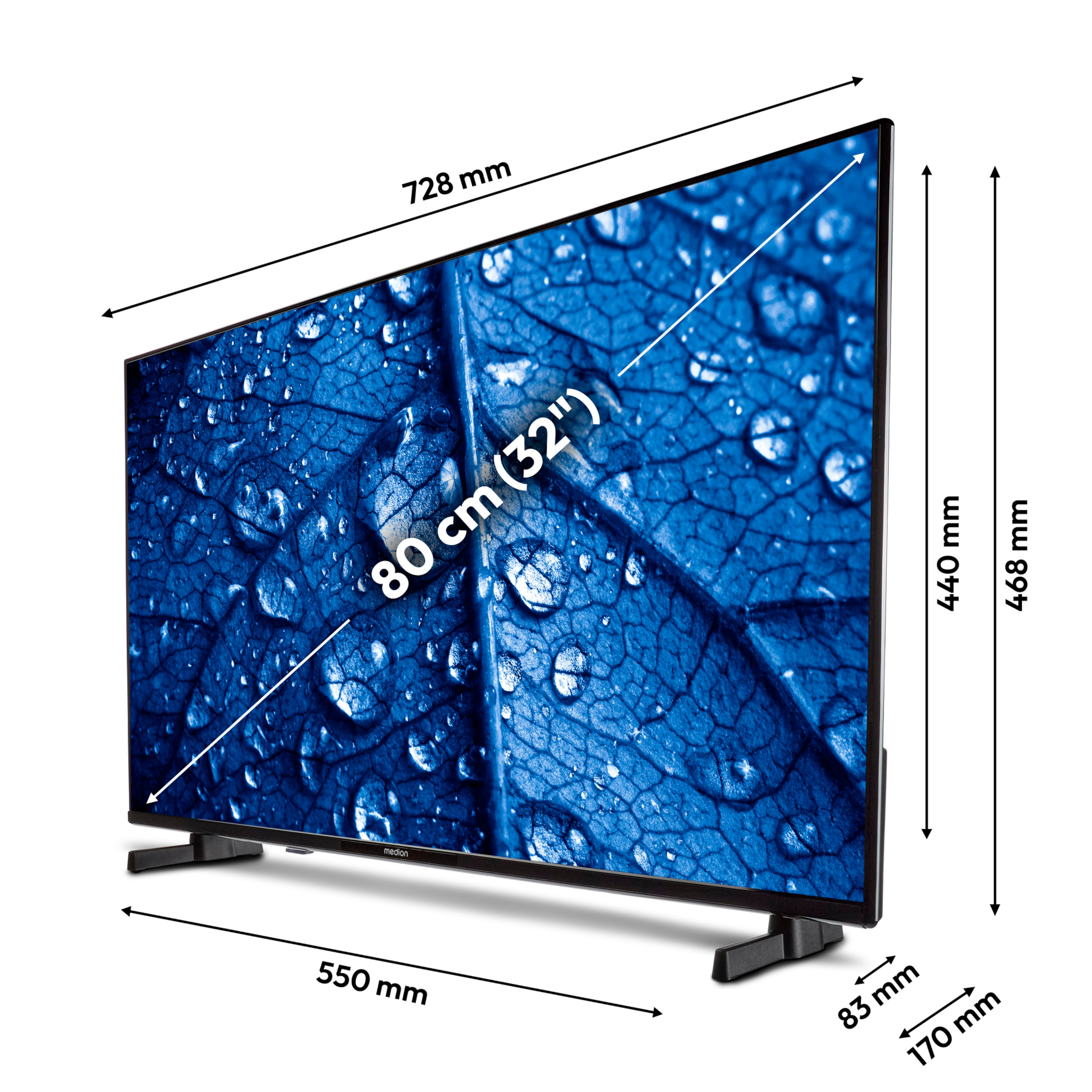 TV screen with dimensions displayed. Shows the length and height of the TV.