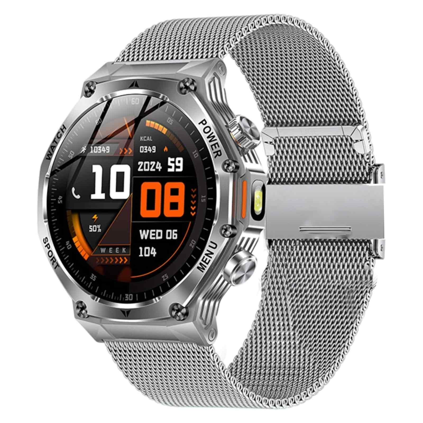 Eine silberne Smartwatch mit Mesh-Band, mit verschiedenen Anzeigen und Knöpfen.