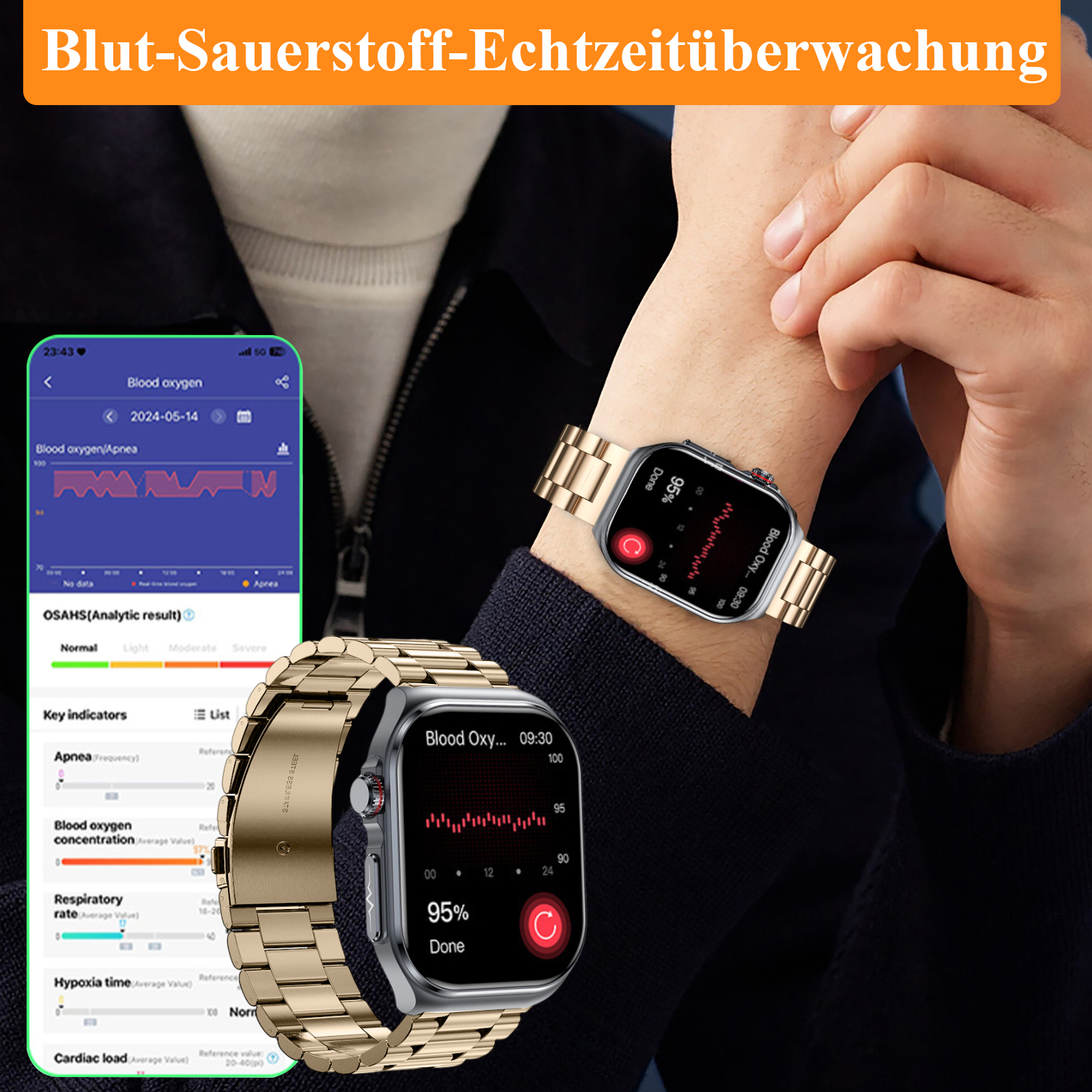 Eine Person, die eine Smartwatch trägt, zeigt Blutsauerstoffdaten auf der Uhr und einem Smartphone an.