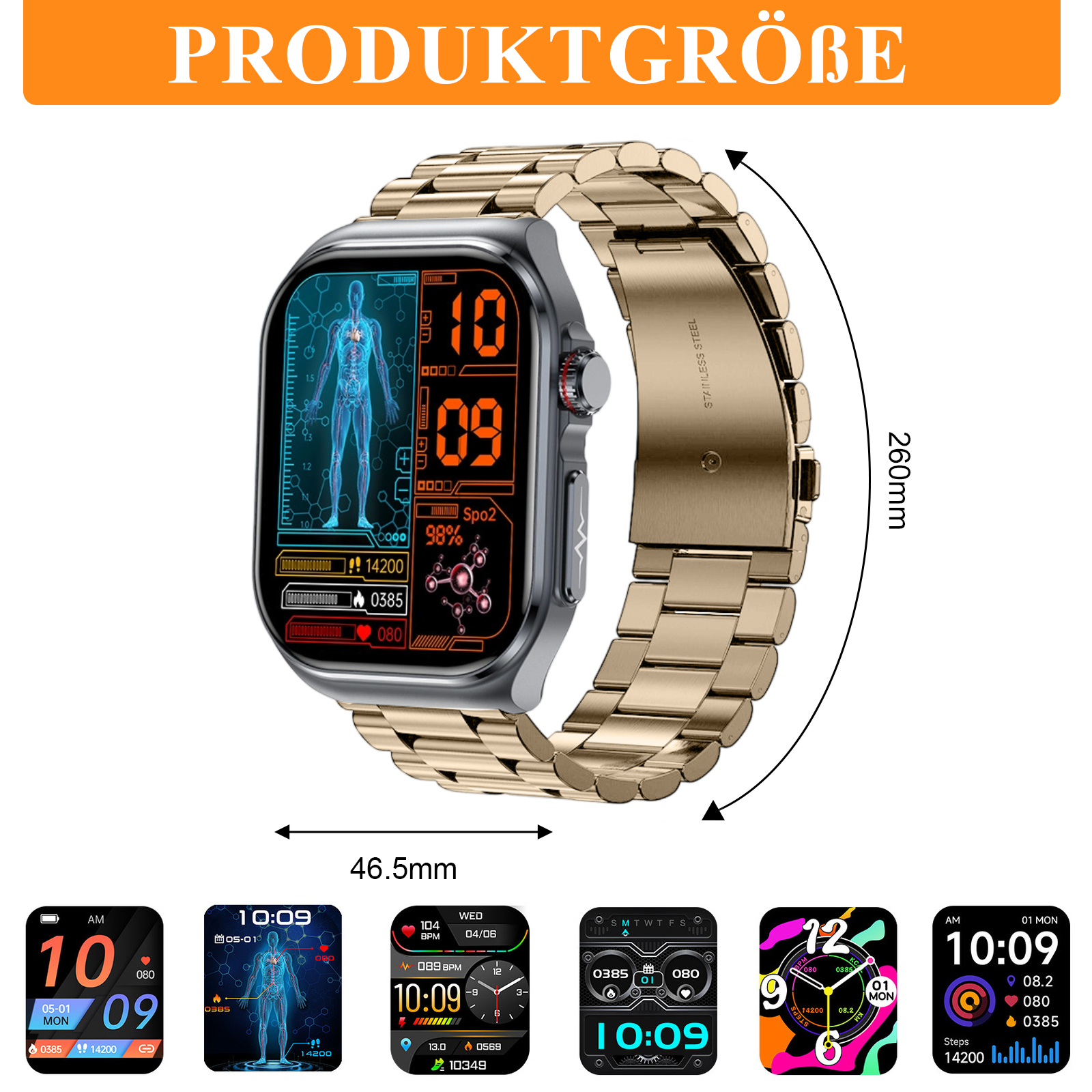 Eine Smartwatch mit goldenen Armbändern wird mit Abmessungen und verschiedenen Bildschirmanzeigen angezeigt.