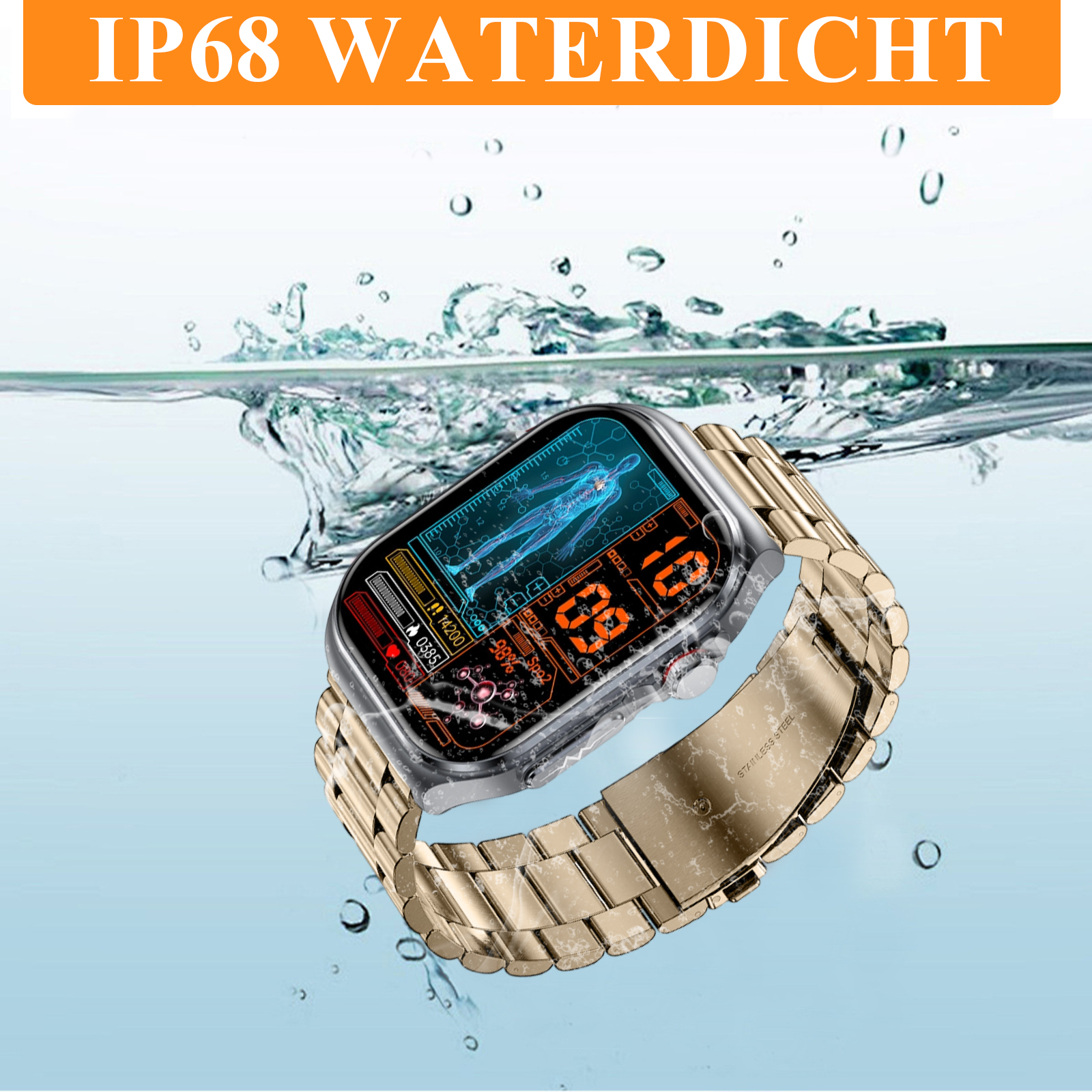 Eine Smartwatch ist in Wasser getaucht. Das Zifferblatt zeigt Gesundheitsdaten an und ist IP68 wasserdicht.