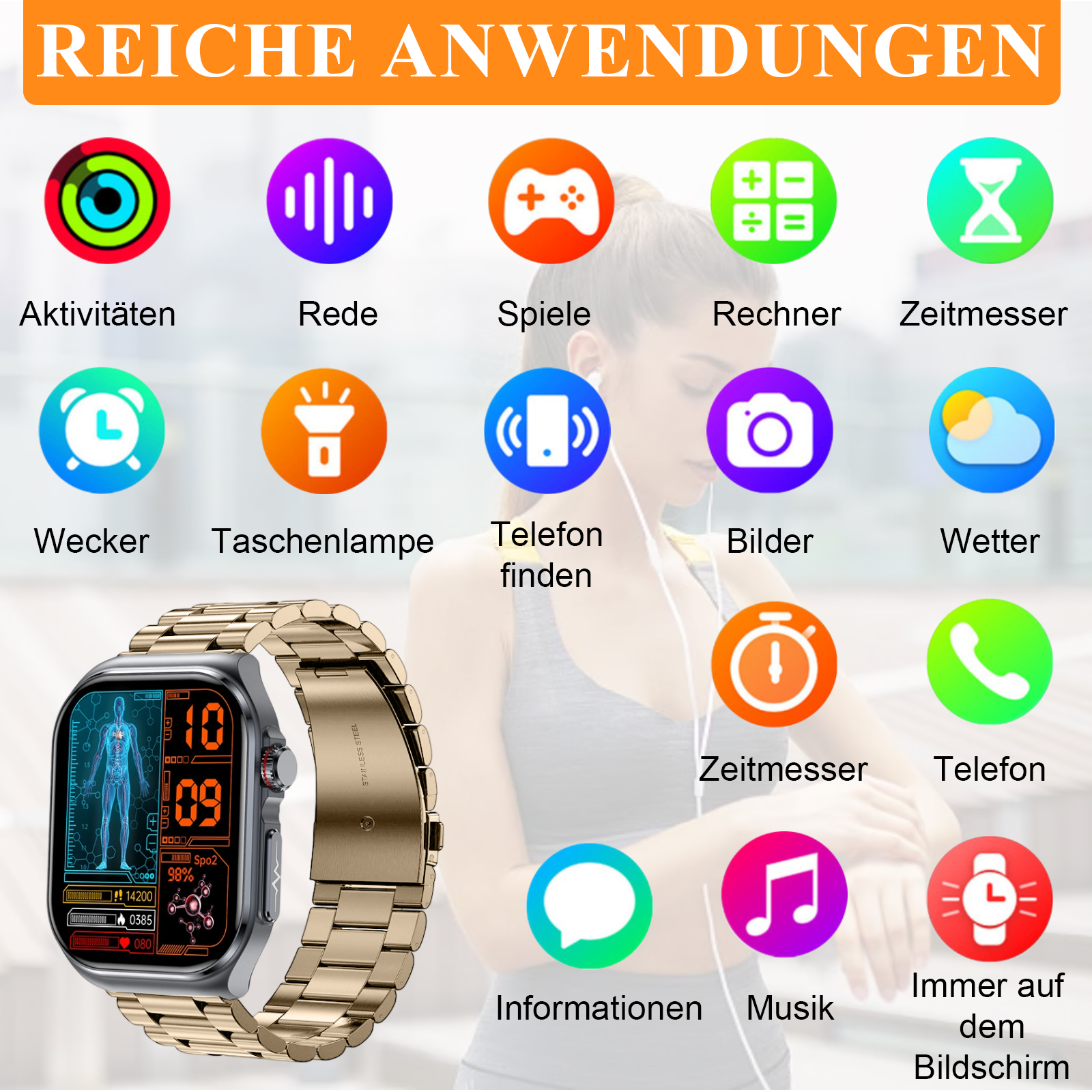 Eine Person mit einer Smartwatch posiert. Die Uhr zeigt verschiedene App-Symbole und Daten an.
