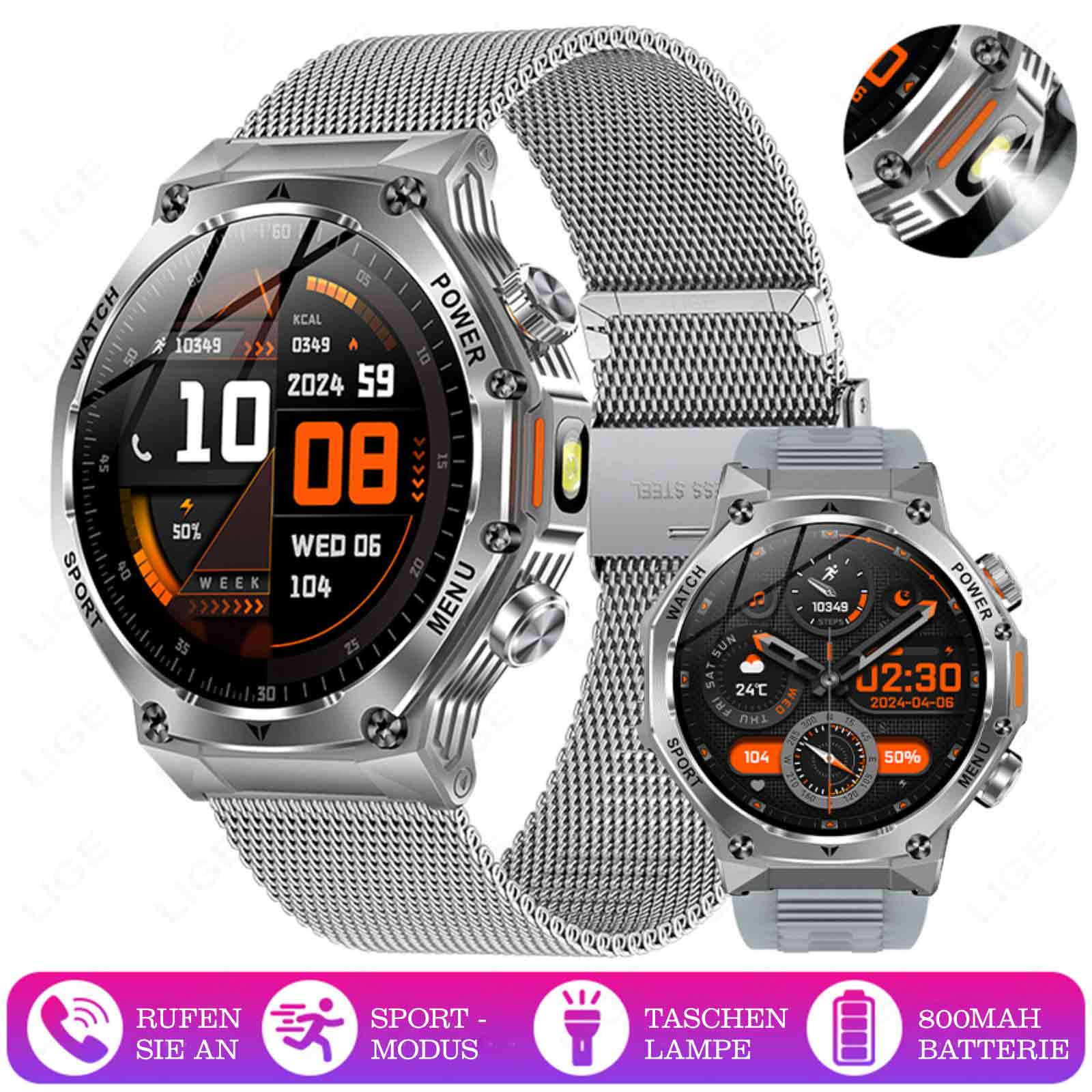 Eine Smartwatch mit silbernem Armband und einem Display mit verschiedenen Daten und einer zweiten Uhr.