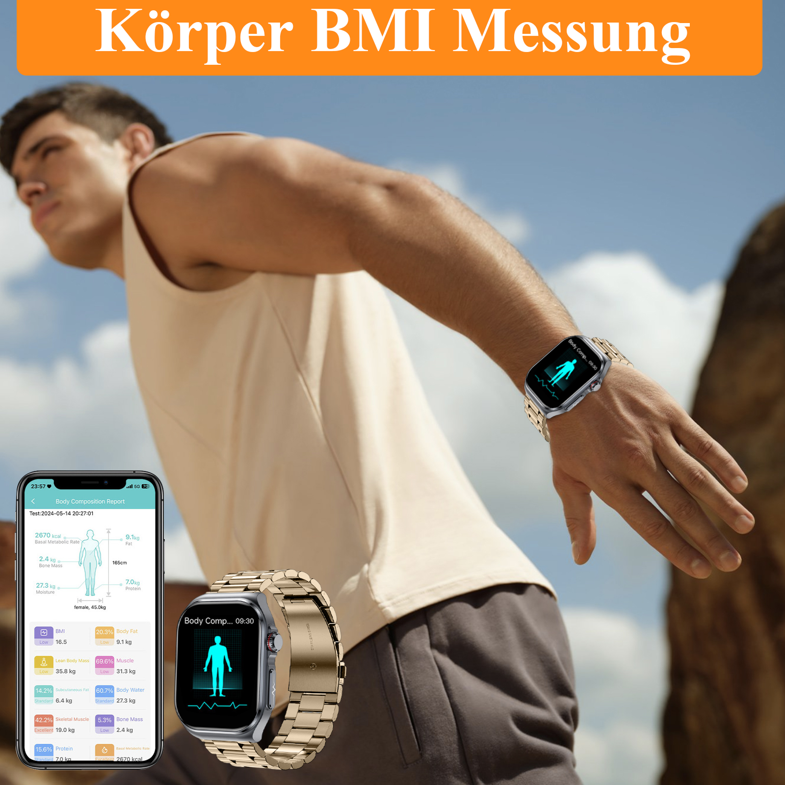 Mann, der die Körperzusammensetzung auf einer Smartwatch und einem Telefon überprüft, das Details zu Körpermetriken anzeigt.