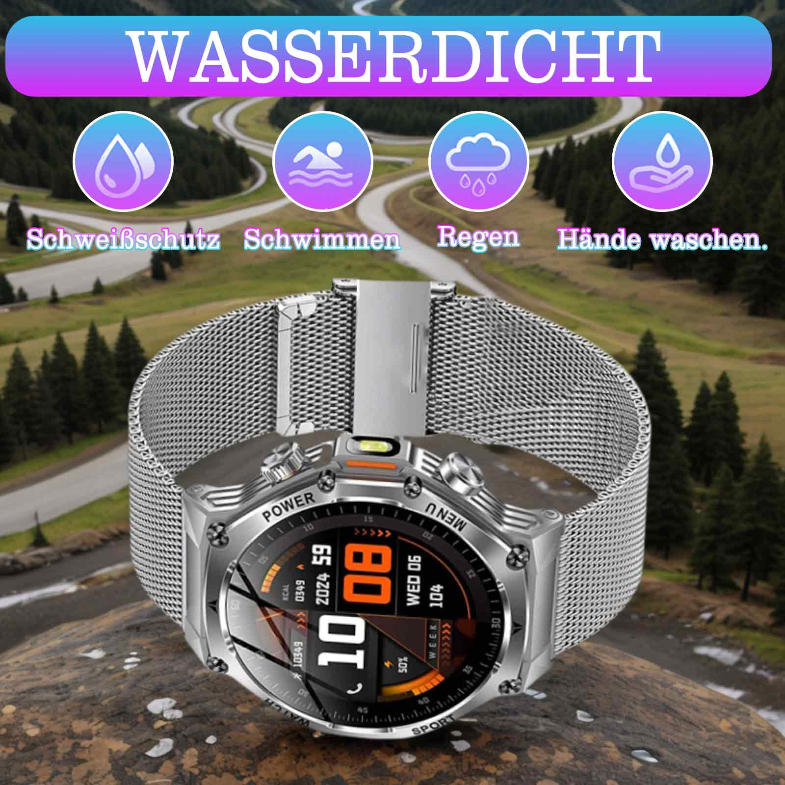 Eine Smartwatch mit silbernem Armband, die eine digitale Anzeige zeigt, und vier wasserbezogene Symbole oben.