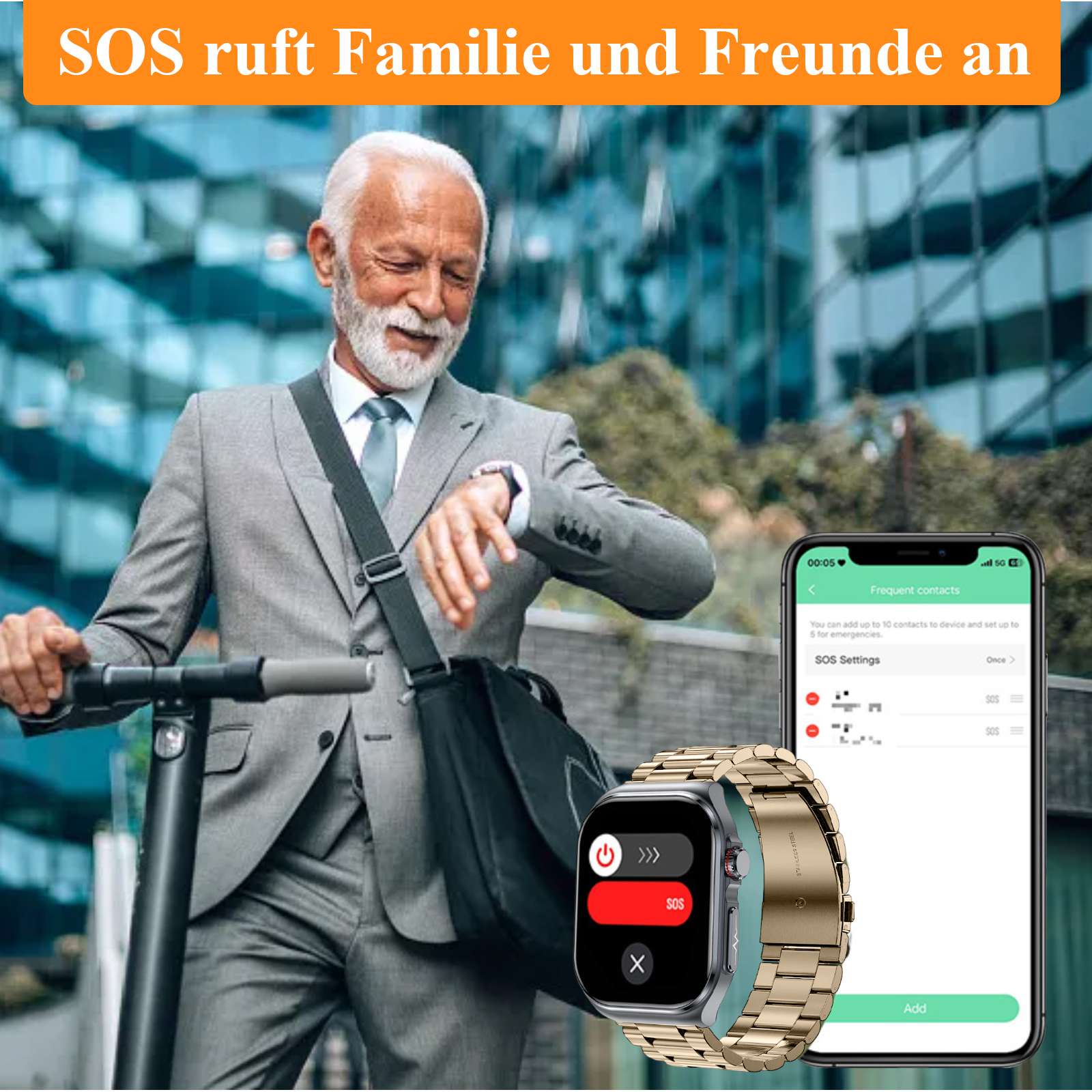 Ein älterer Mann auf einem Roller schaut auf seine Smartwatch, und ein Telefon zeigt SOS-Einstellungen an.