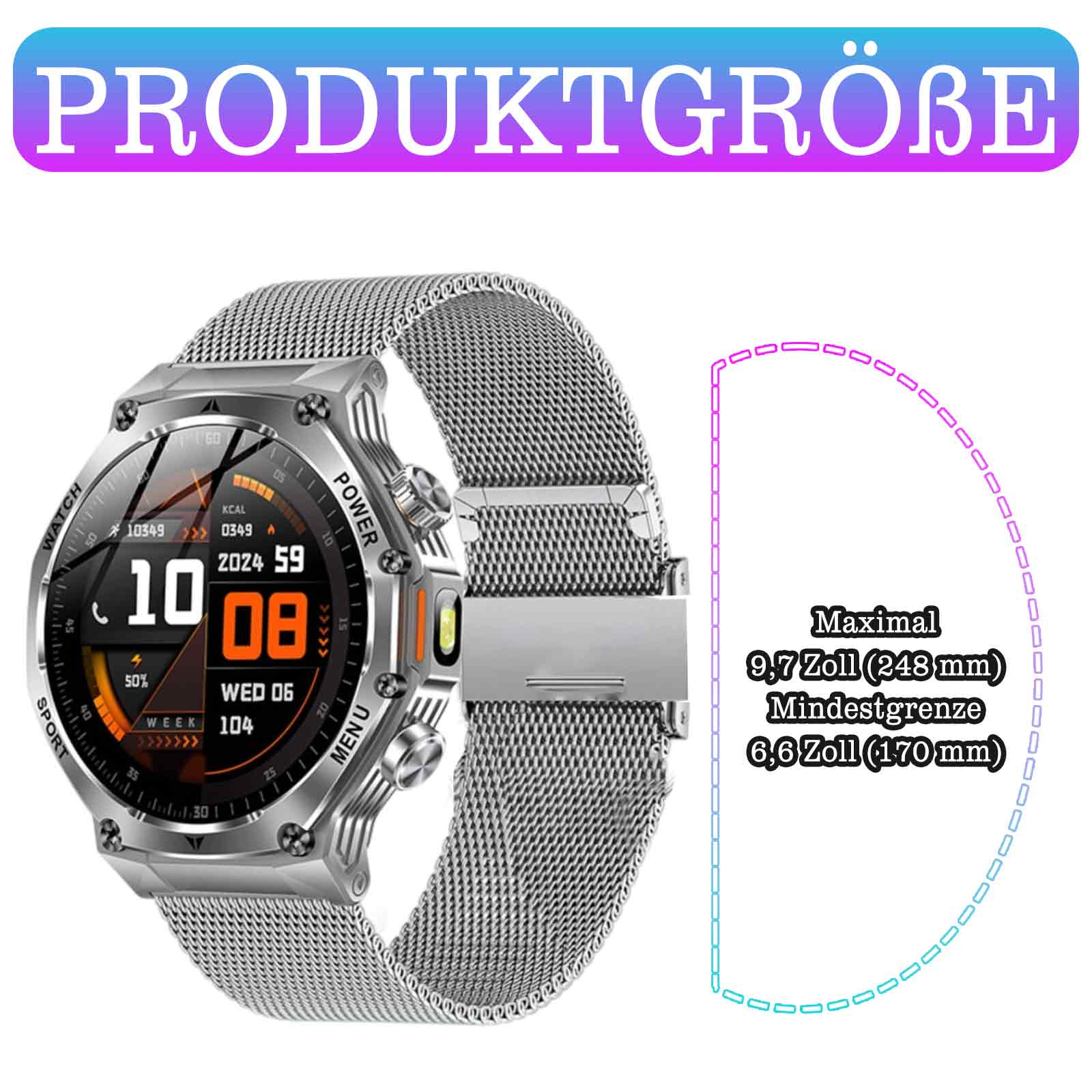Smartwatch mit Mesh-Armband, die Produktgröße wird mit Abmessungen angezeigt, die maximale und minimale Grenzen zeigen.